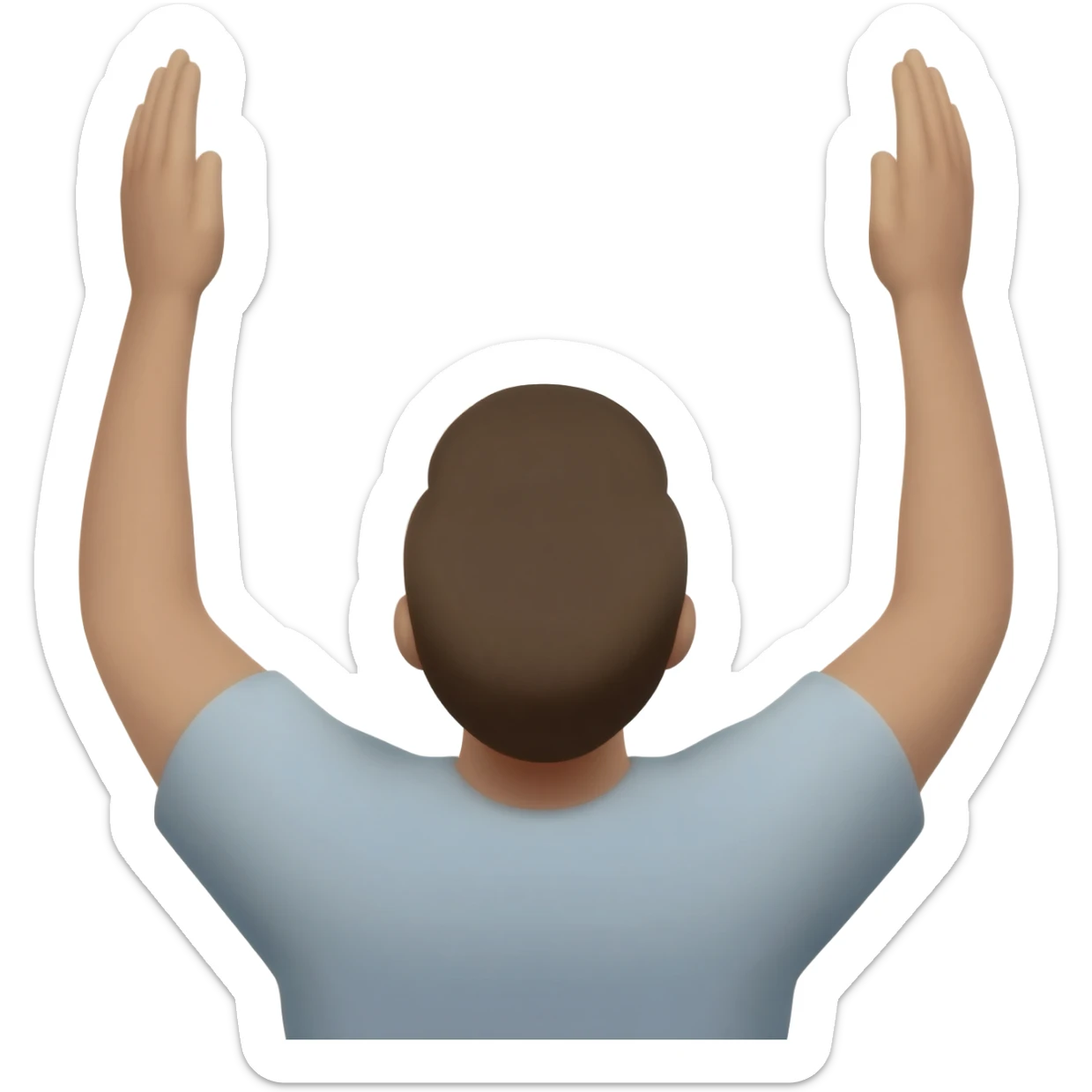 Man raising both hands to God and showing back sticker