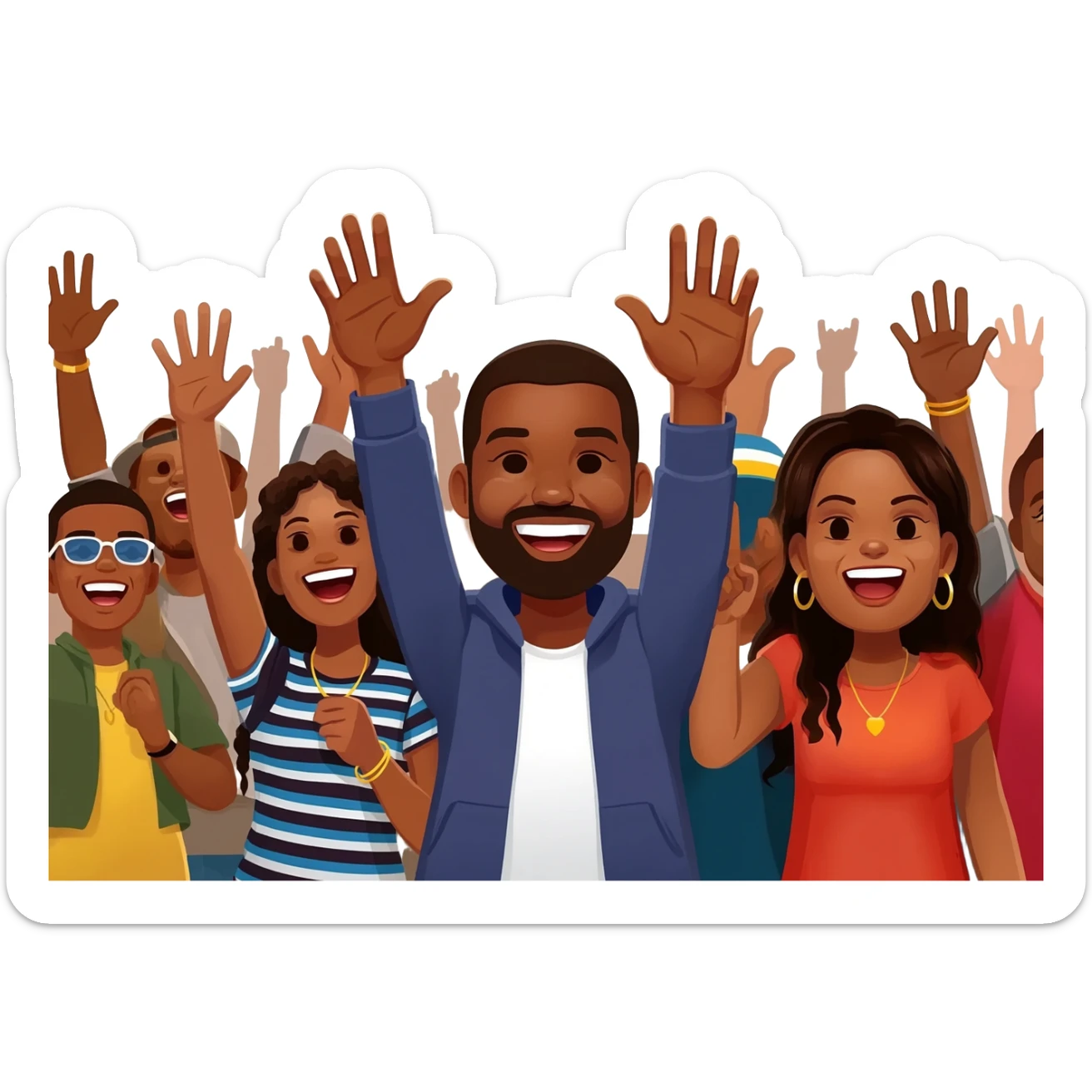 Group of African American men and women fans at hip hop concert with hands raised enjoying the music sticker