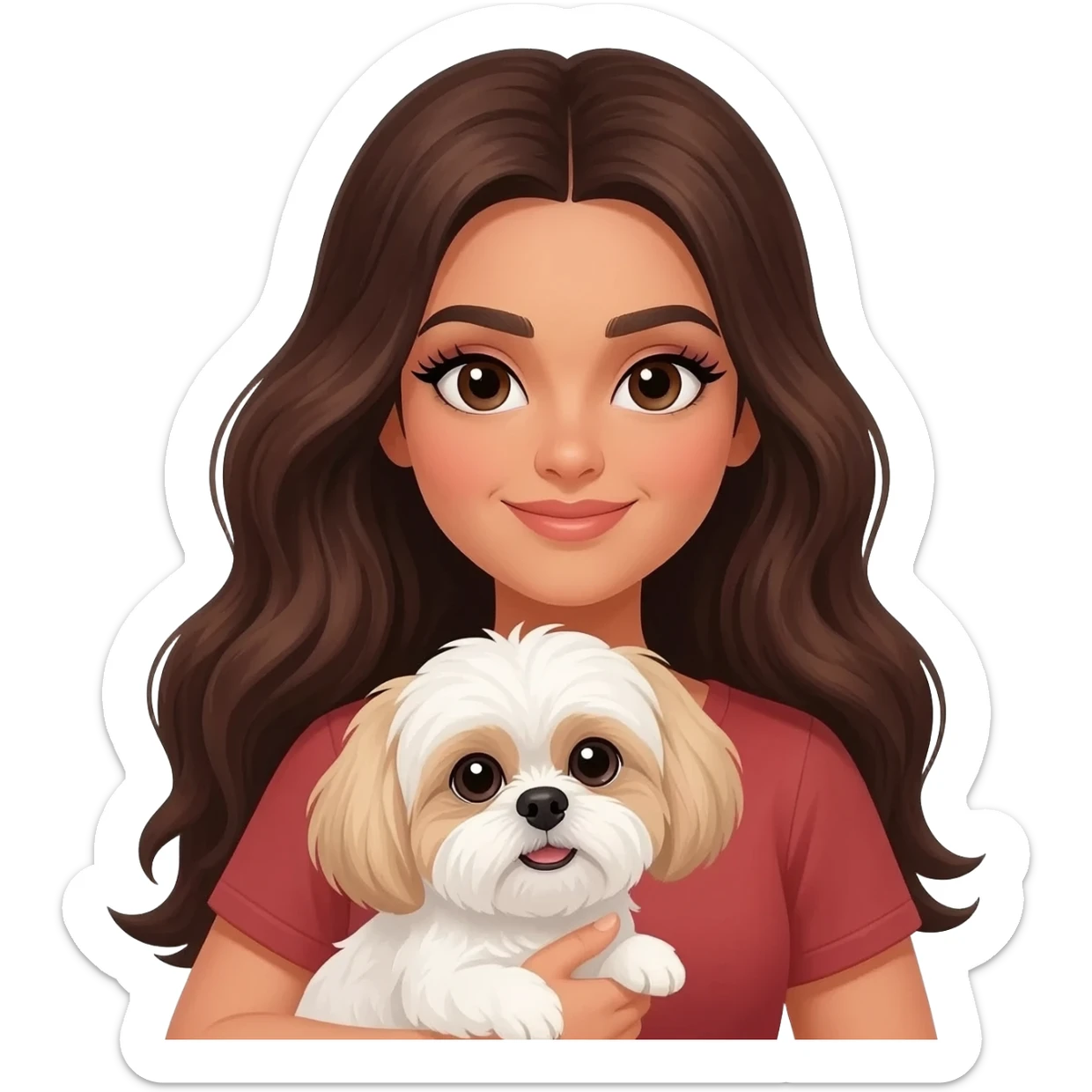 More Tanned middle eastern Brunette girl with long thick hair and eyeliner, holding white and cream  boy shih tzu sticker