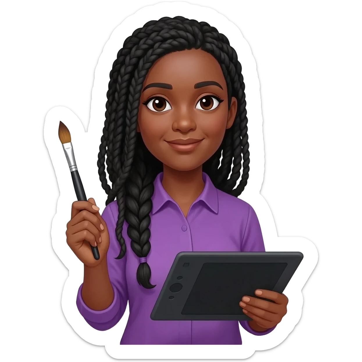 Emoji représentant une femme à la peau marron avec de longues braids noires et portant une belle chemise violette, tenant une tablette graphique dans une main et un pinceau dans l’autre sticker