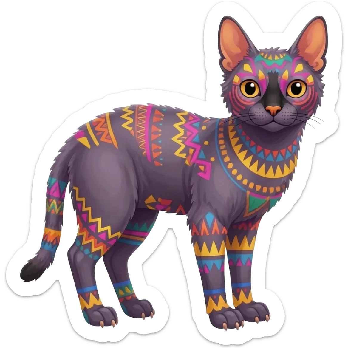 A Colorful  exotic tropical tribal cute happy realistic esoteric patterned fluffy furry dark caracal-Lykoi-bobcat-sphynx-genet-serval-Fakémon-fursona-hybrid-fusion-animal-creature, full body, 4-legged sticker