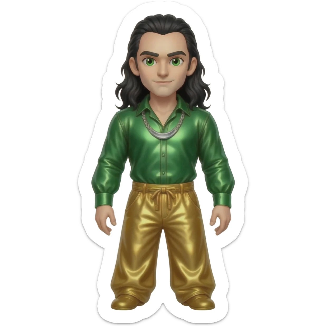 Loki from Norse Mythology with green eyes, long black hair, green metallic shirt, gold metallic baggy pants, silver necklace sticker