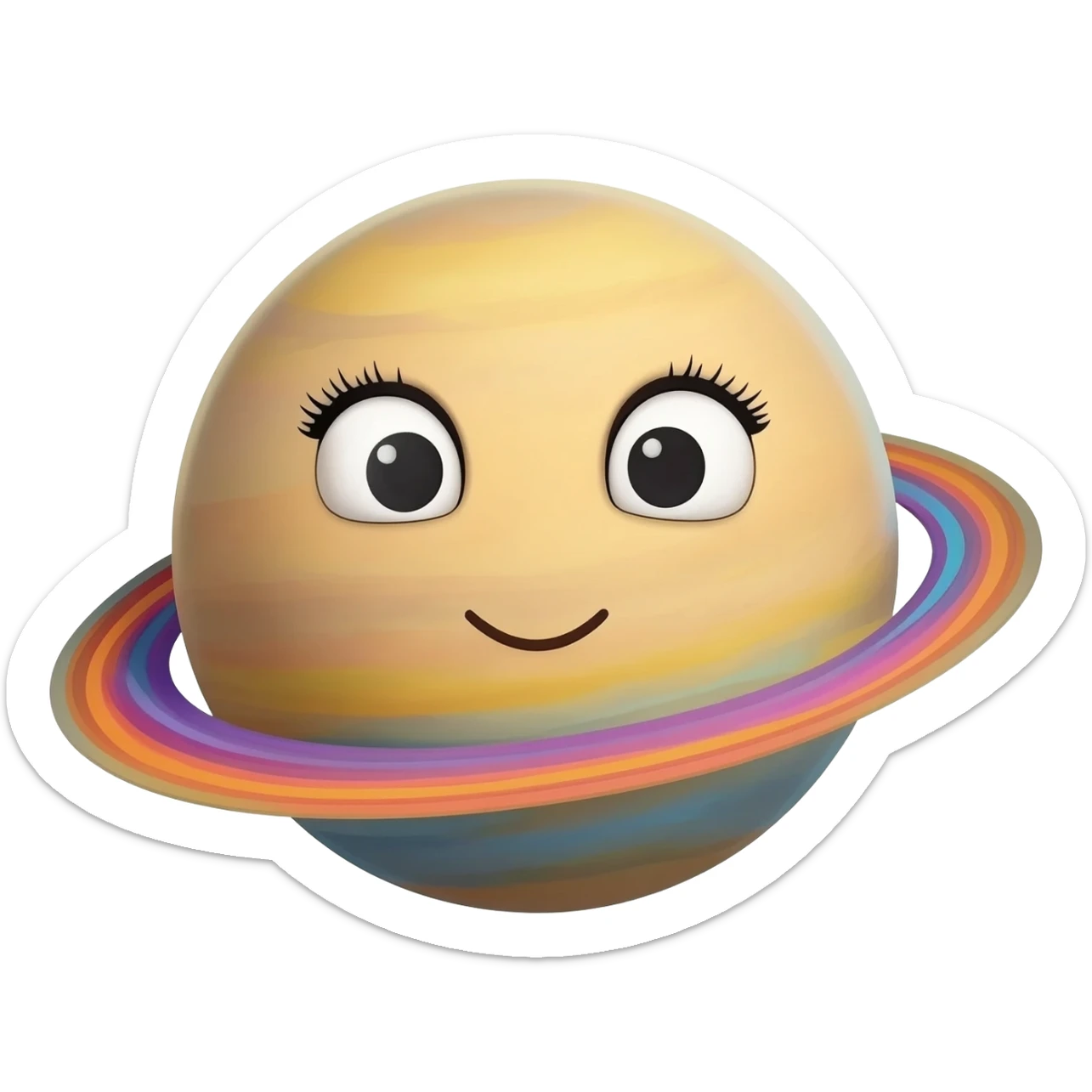 remake the saturn emoji with cartoon smiling face with the rings bigger and more colorful, make the eyes white with black irises and feminine eyelashes sticker