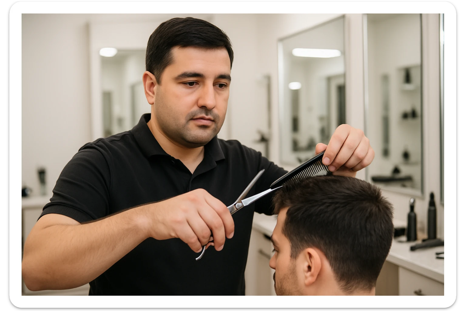 shu odamni sartaroshxonada mijozlarni sochini olayotganin  tasvirlab ber juda yosh ham katta ham bo'lmasin semiz ham bo'lib ketmasin sticker