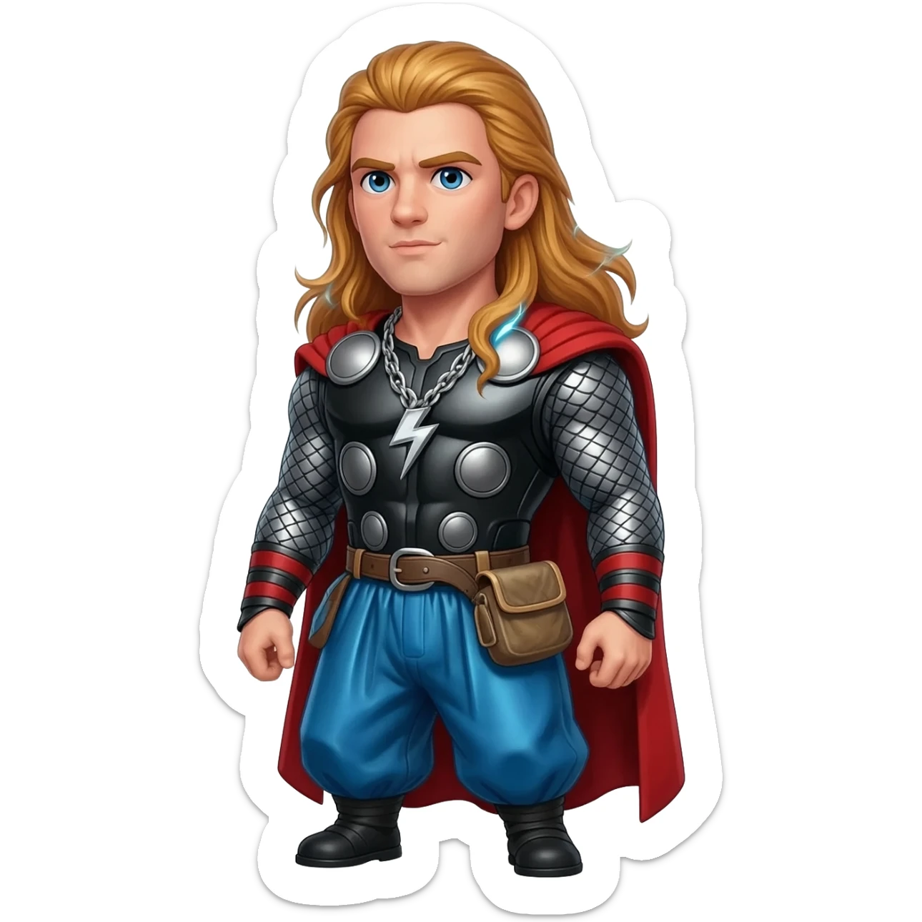 Thor from Norse Mythology with blue eyes, long red hair, black metallic shirt, blue metallic baggy pants, silver necklace sticker