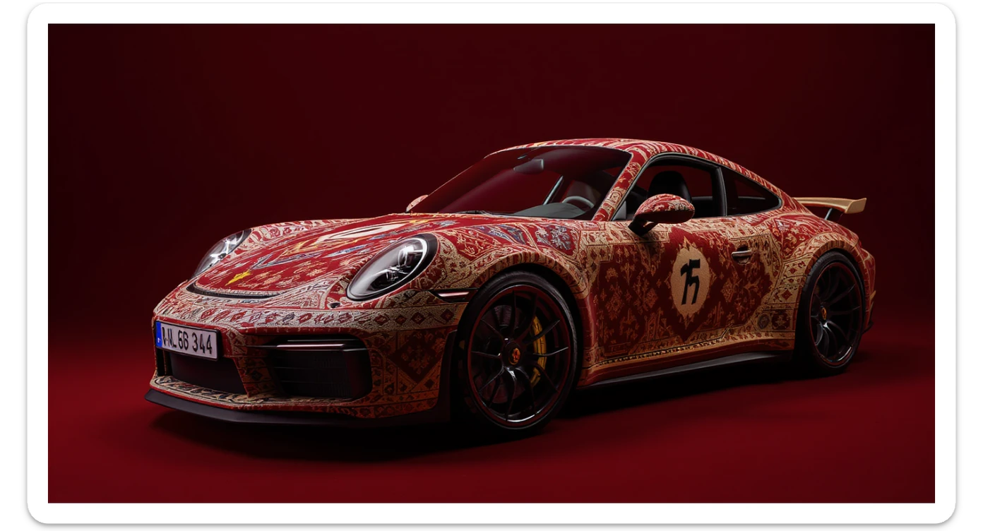 Closeup shot of a porsche 911, body of car made of russian carpet with patterns, red solid studio background, very dark room, top low key light, dutch angle, haze, captured by ARRI 65 sticker