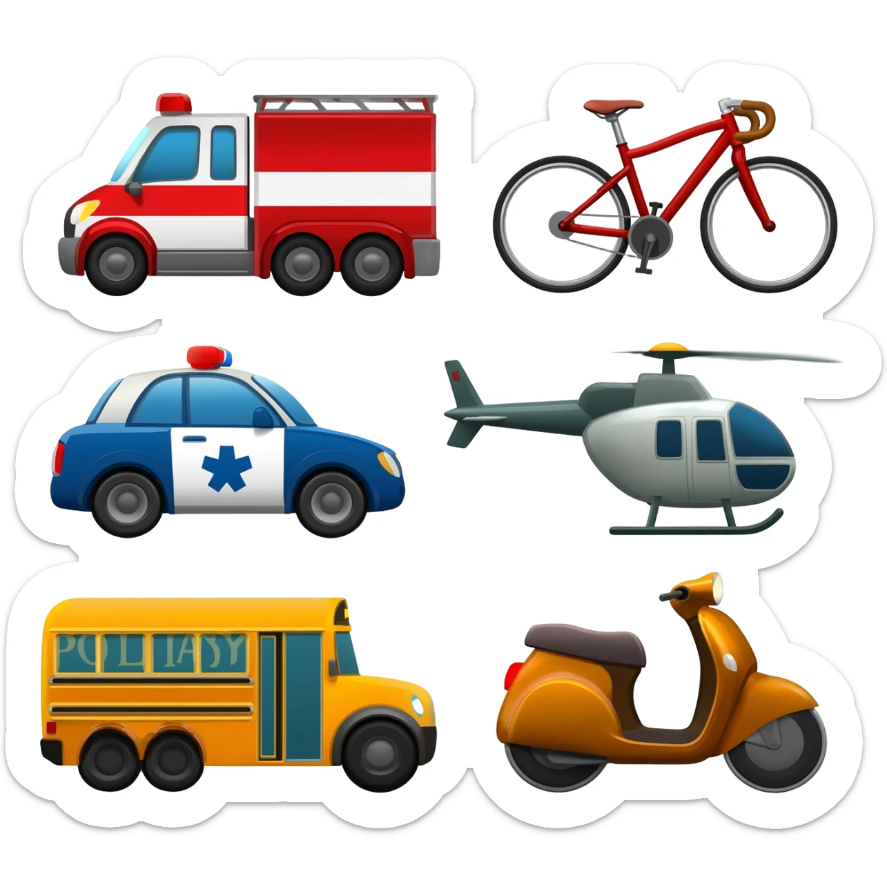 🚂 Train  🚑 Ambulance  🚒 Fire Truck  🚲 Bicycle  🚓 Police Car  🚁 Helicopter  🚌 School Bus  🚗 Car  🛵 Scooter  🚜 Road Roller icons  banavi dee sticker