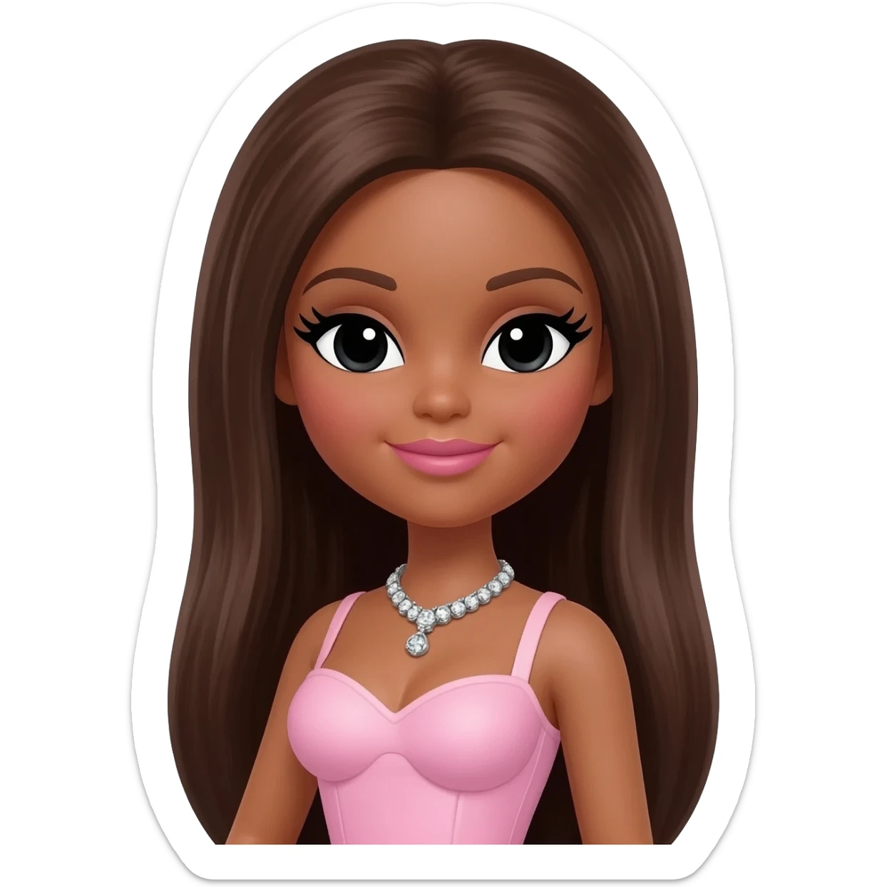 Long giant lashes, Doll faced shaped,swarovski with Rhodium plated necklace, bimbo, black doll eyes, barbie, darker brown skin, with long dark brown hair, light pink, big breast sticker