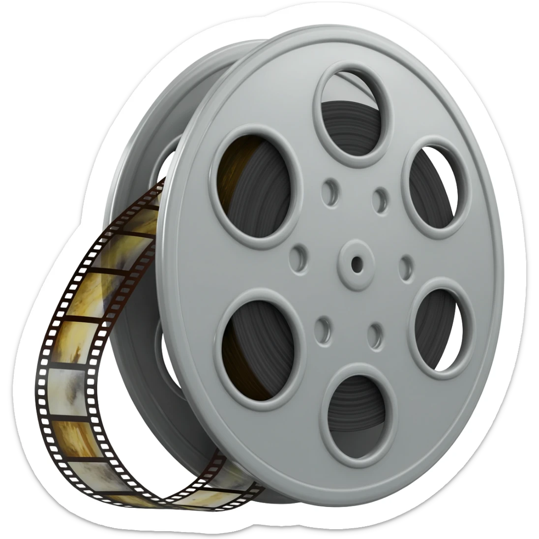 35mm movie film reel with a snippet of film sticking sticker