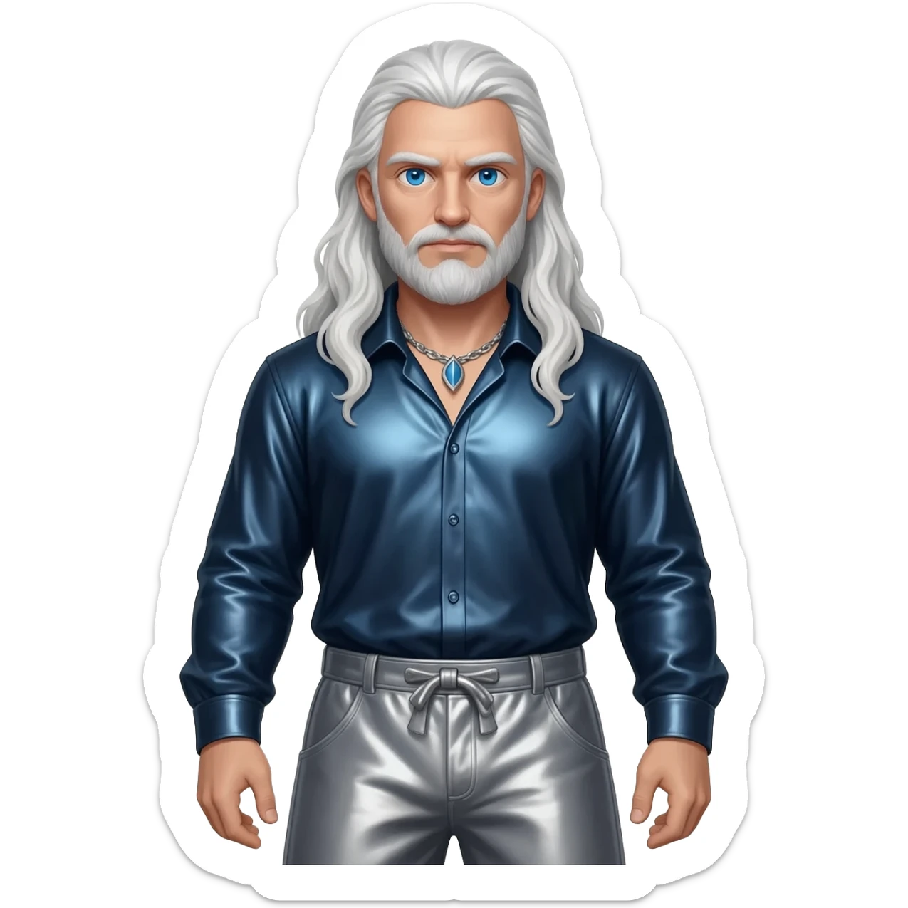 Odin from Norse Mythology with blue eyes, long white hair, dark blue metallic shirt, grey metallic baggy pants, silver necklace sticker