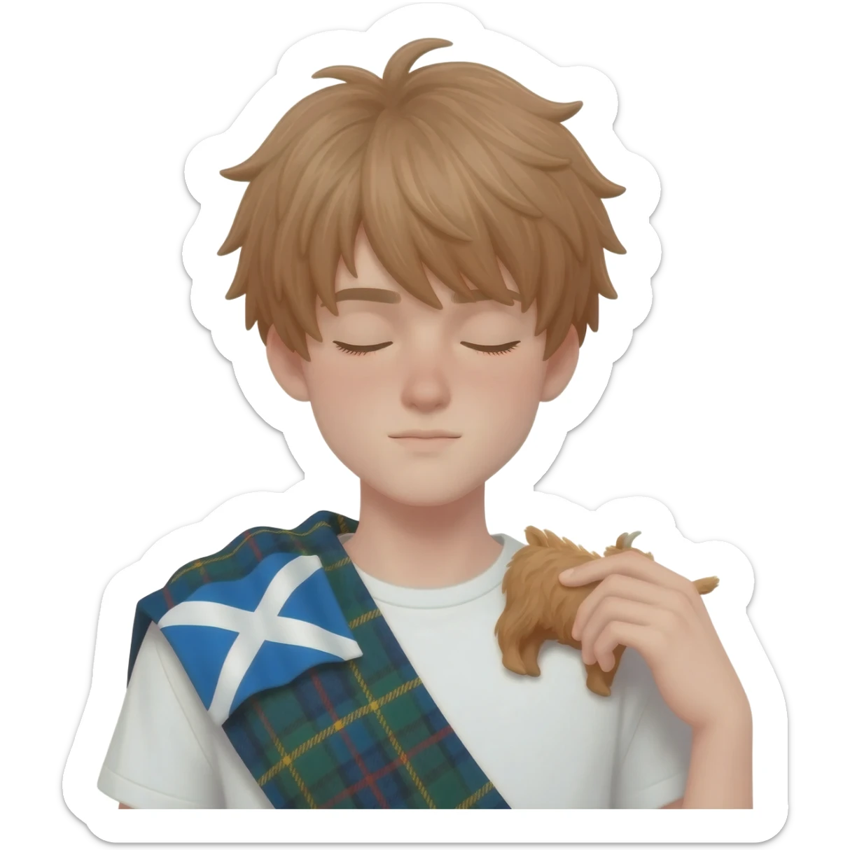 femboy with messy light brown bangs covering the eyes with scottish flag on his shoulders pets a cute highland cow sticker
