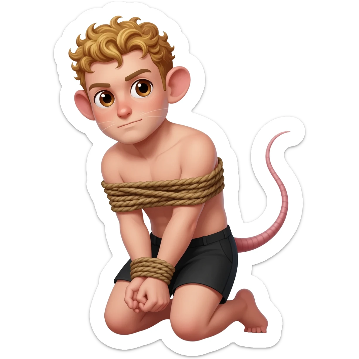 man with brown eyes, rat ears, curly blond hair. he has rat tail. he dressed in black shorts. he is on his knees. her arms are tied up with ropes sticker