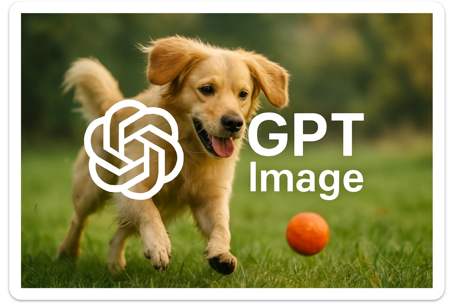 logo of chat gpt with text "GPT Image" on the background of a dog chasing ball, realistic image sticker