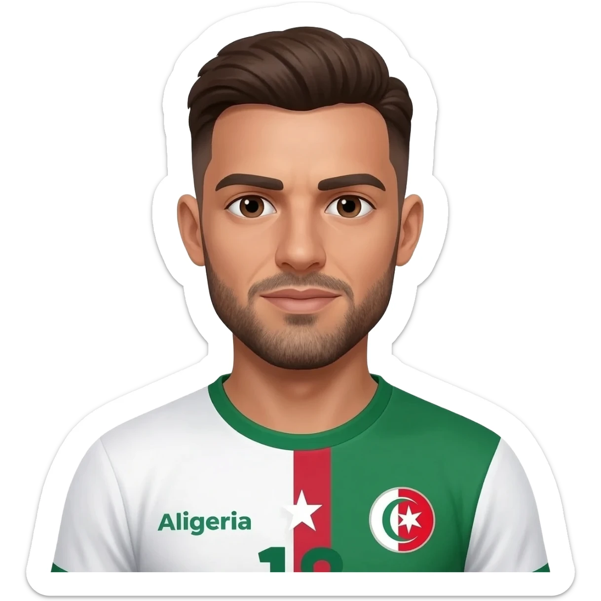 homme métisse algérien français peau claire 38 ans brun cheveux courts petite calvitie et barbe avec maillot foot Algérie sticker