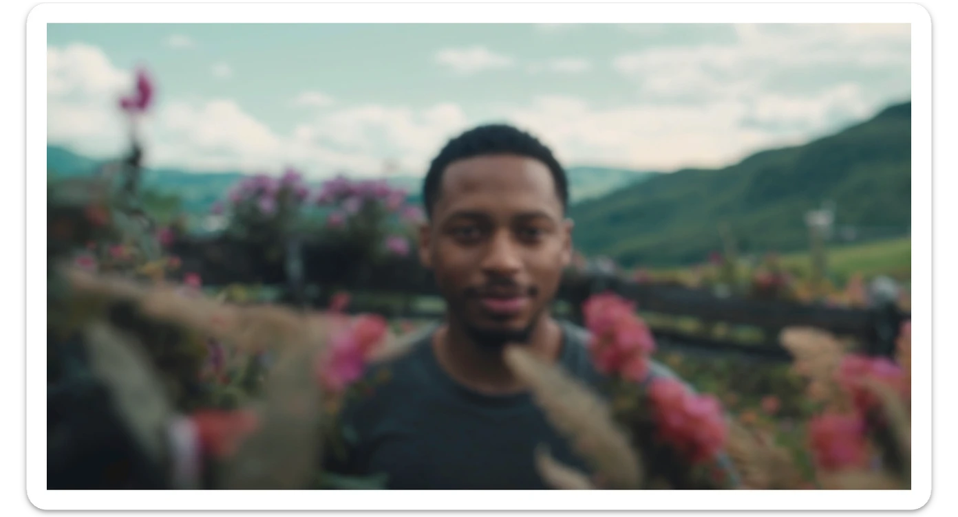 A portrait of a person in the foreground, blurred plants in the foreground, a wooden fence and colorfull flowers in the midground, rolling hills in the background, cinematic depth of field, layered composition, natural lighting sticker