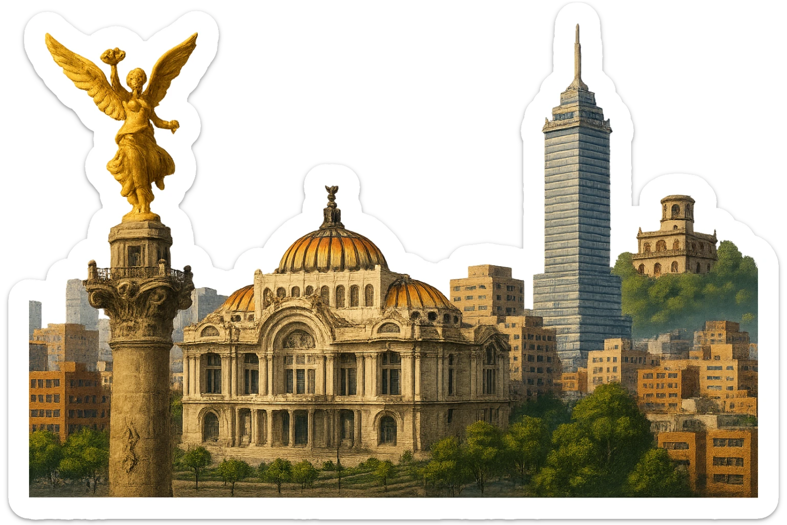 cinematic realistic emoji of Mexico City skyline featuring Angel of Independence, Palacio de Bellas Artes, Torre Latinoamericana, Chapultepec Castle, lifelike detail, accurate colors, bright daytime lighting, wide city view, no sky, no clouds, transparent background sticker
