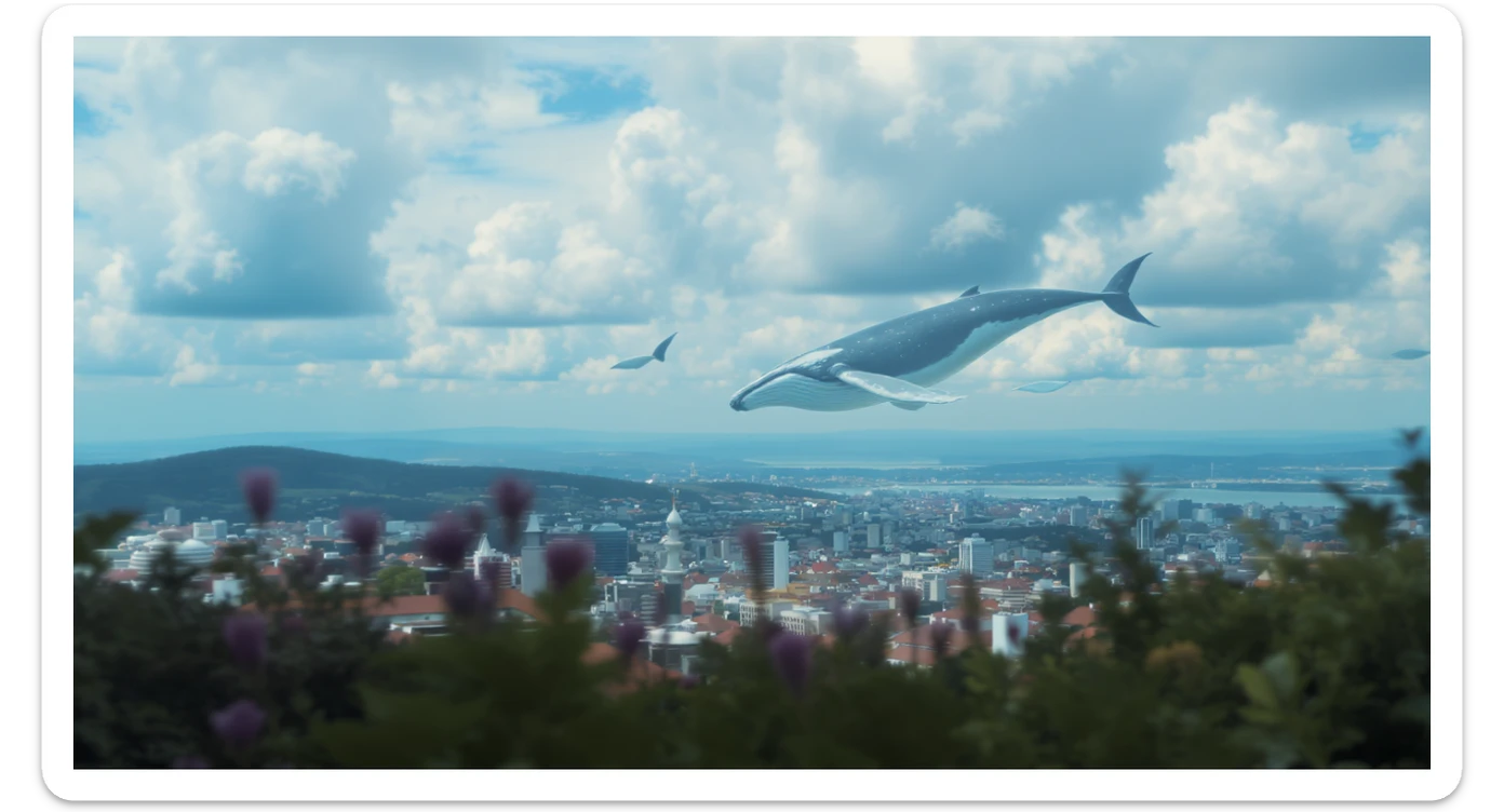 A cinemaatic still of a city, blurred plants in the foreground, giant whales fly above city sky, rolling hills in the background, cinematic depth of field, layered composition, colorfull, blue sky sticker