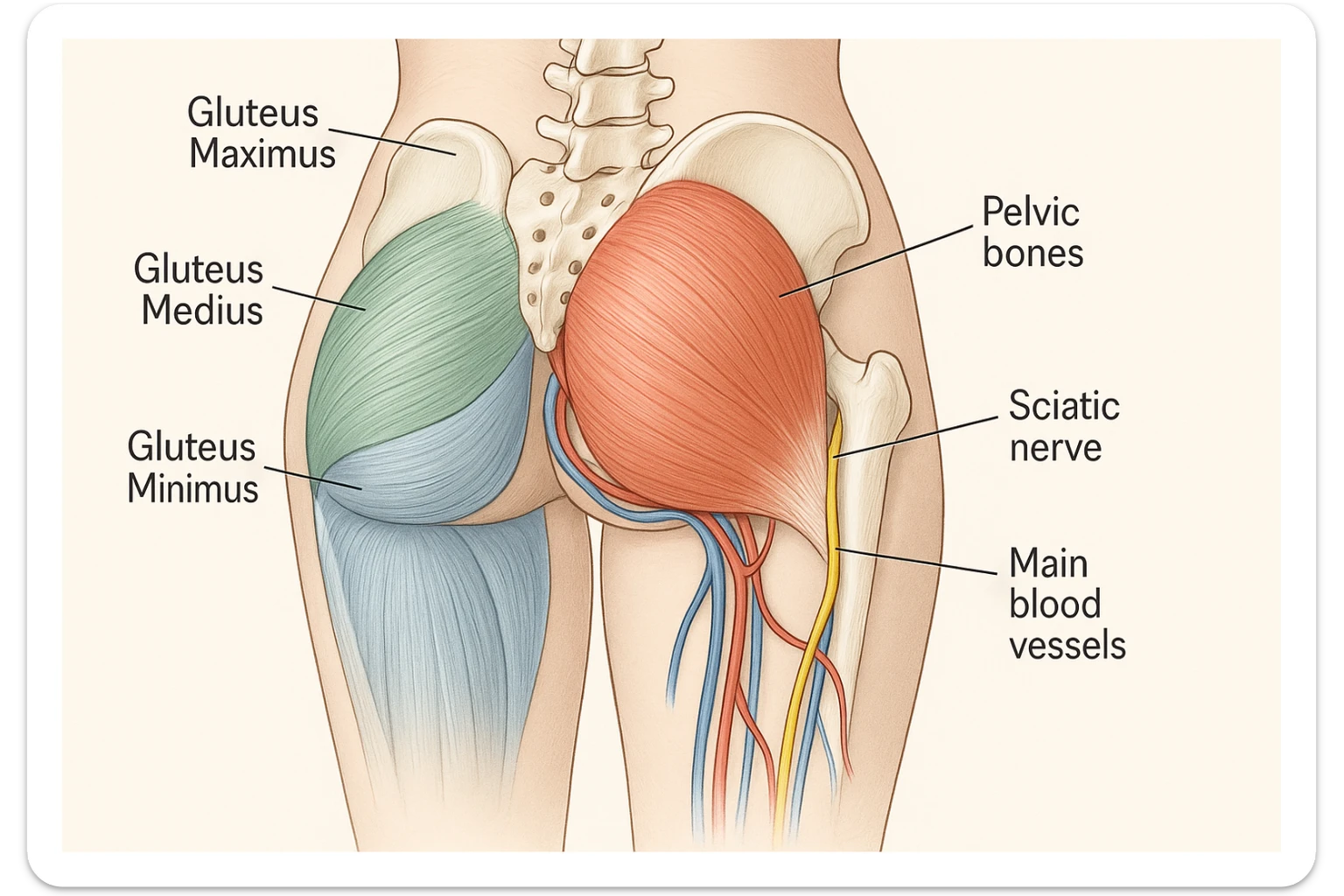 Anatomical view of the female gluteus with highlighted muscles, pelvic bones, sciatic nerve, and main blood vessels, inspired by the reference photo. Medical style with a neutral background. sticker