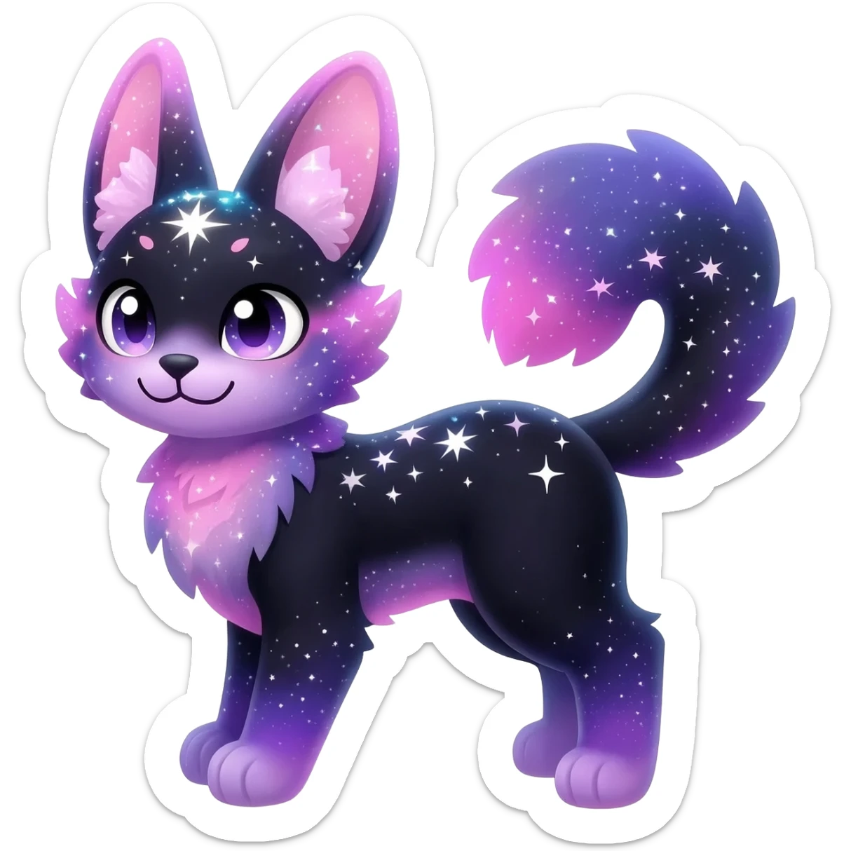 Colorful black-violet-indigo-purple-pink-gradients nebulae nebula white stars-sparkles-markings galactical shiny white-stars-patterned glorious iridescent divine exotic cute cool beautiful realistic Meloetta-caracal-civet-sergal-bunny-oncilla-animal-Fakémon-hybrid-fursona (full body) sticker
