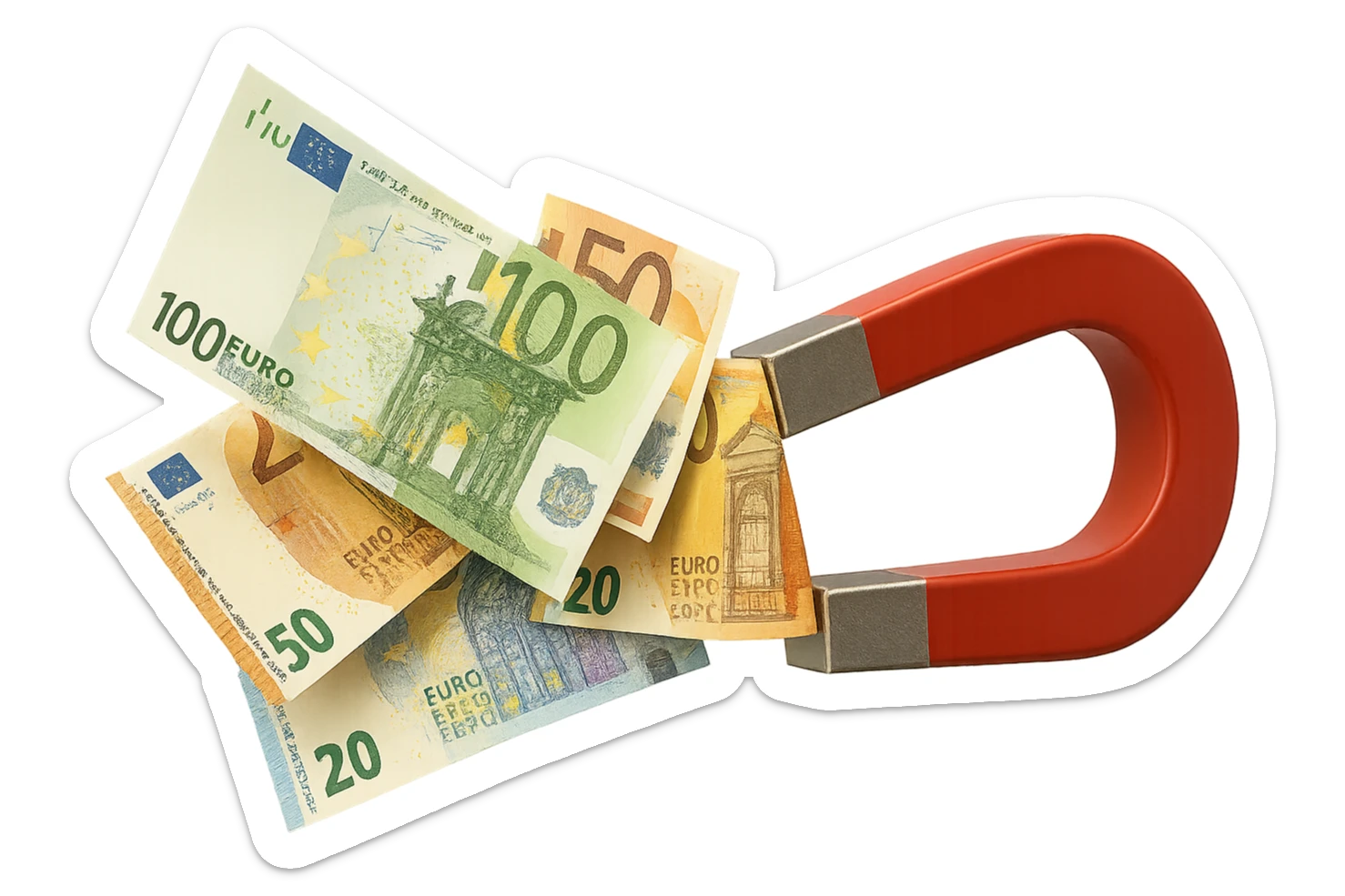 banconote di euro fluttuano vicino ad una calamita rossa, sono attratte, iperrealistico 4k sticker