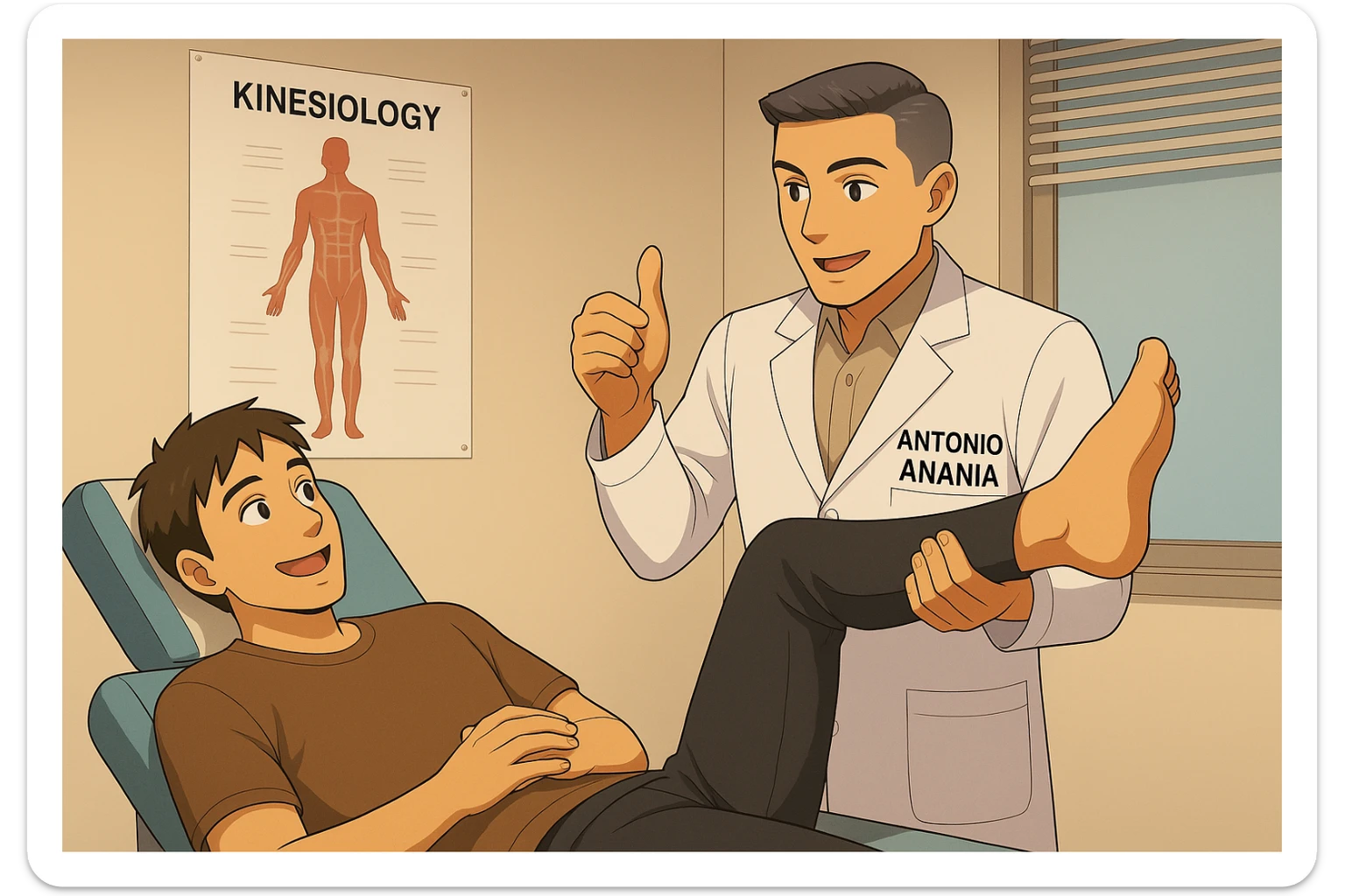 su questo lettino rappresenta un webtoon manga a colori con questo stile, in cui un uomo è steso sul lettino medico e il kinesiologo con il camice bianco (fagli anche la scritta "ANTONIO ANANIA" SUL CAMICE, gli solleva una gamba per fargli il test neuromuscolare, IL KINESIOLOGO SPIEGA ALL'UOMO UNA cosa mentre gli alza la gamba. l'espressione dell'uomo è felice e soddisfatta, non fare i fumetti però, fai solo in modo che sembri stiano parlando sticker