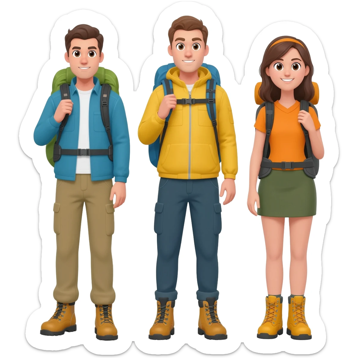 three startup team members wearing hiking boots and rucksacks two mean and one woman sticker