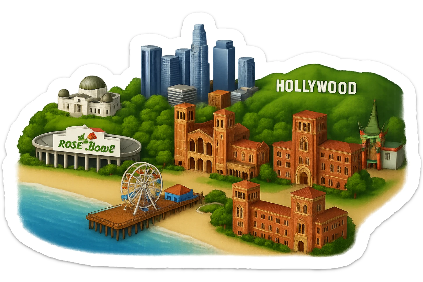 Replace the extra Rose Bowl Stadium on the beach in the Los Angeles emoji with more of Santa Monica, ensuring only one Rose Bowl Stadium remains inland. Keep the Coliseum, Royce Hall at UCLA, Bovard Administration Building at USC, downtown LA skyline, Chinese Theater, and Hollywood Sign in their current positions away from the beach. Retain the Santa Monica Pier and beach at the coast. Maintain highly realistic, lifelike architectural detail, accurate colors, bright daytime lighting, fully transparent background, no sky, no clouds, and no city name label. Do not change the layout or composition except to remove the extra Rose Bowl and add more Santa Monica at the beach. Style should remain consistent with the original Los Angeles emoji look. sticker