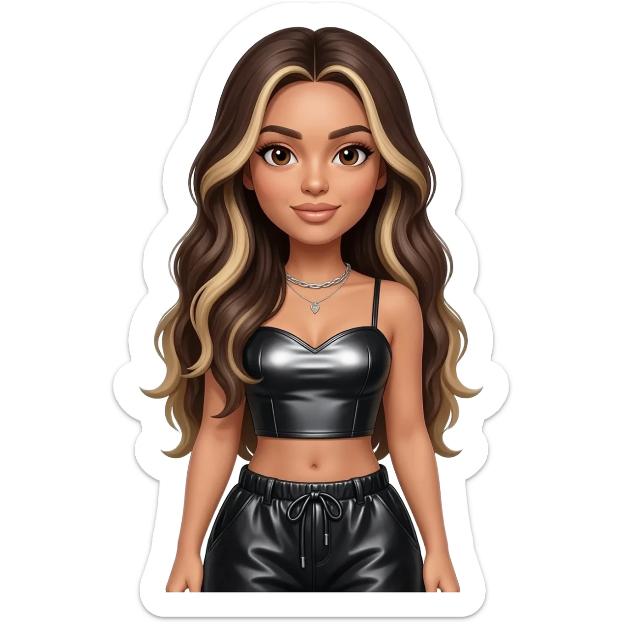 Ciara with brown eyes, long dark brown hair with blonde highlights, black metallic sweetheart crop top, black metallic baggy pants, silver necklace sticker