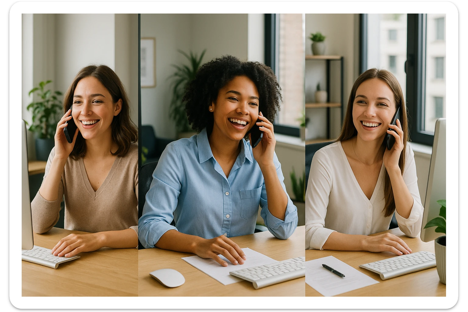 Three girls, each at their own desk in separate offices, talking on the phone to one another, visible office elements like computers and windows, relaxed lunch break atmosphere, modern office backgrounds, business casual attire, cheerful and connected vibe. sticker