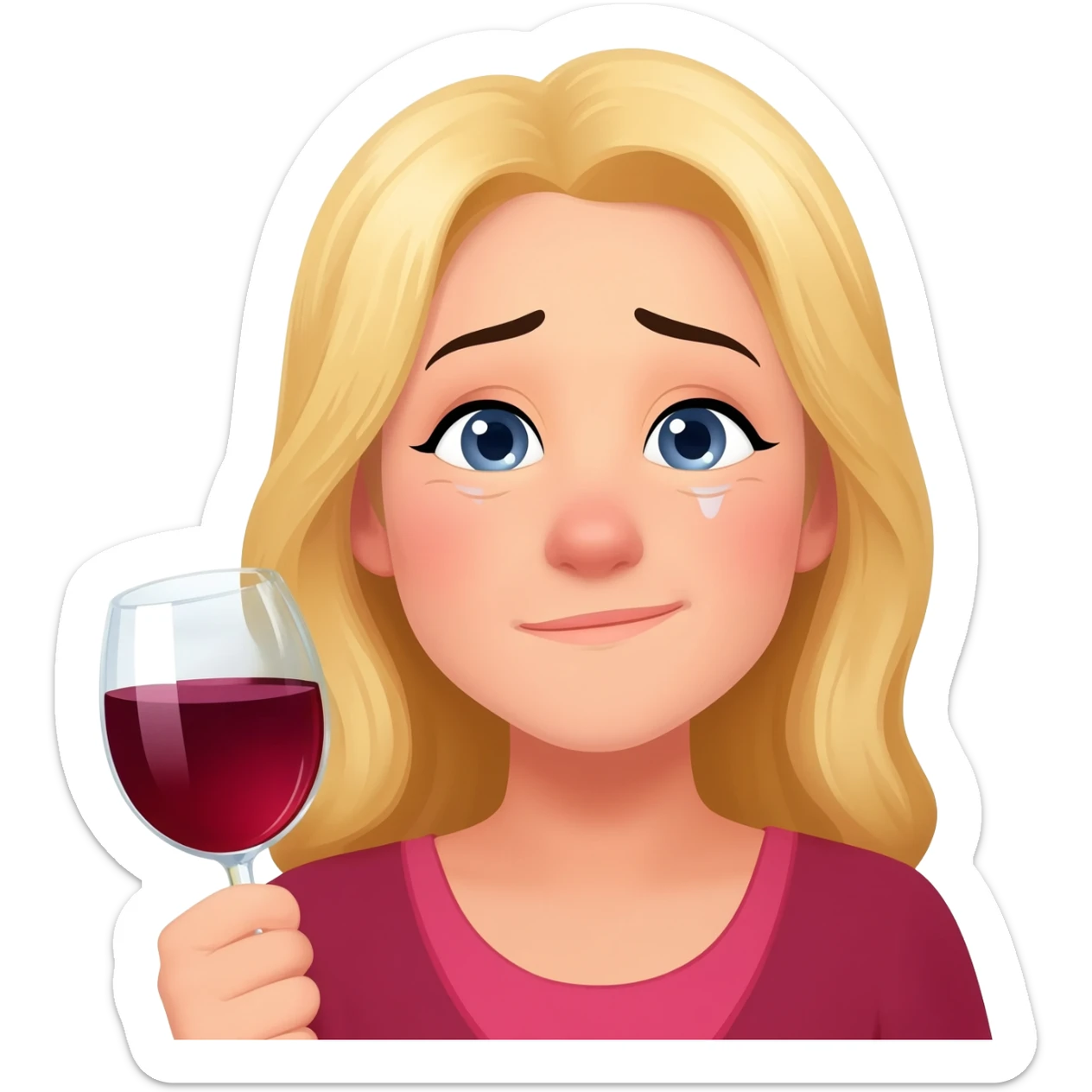 Happy girl, blond girl, mommy, party vibe with a glass of red wine and very tired sticker