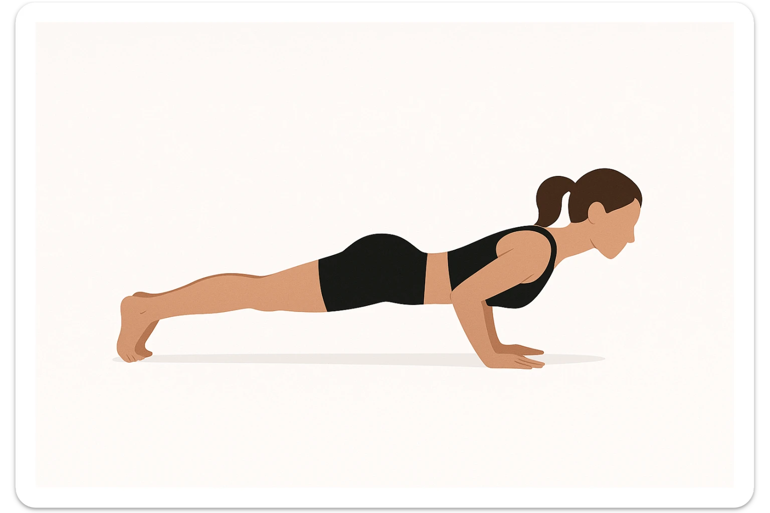 Minimalist flat vector illustration of a woman doing yoga (Four Limbed Staff ), wearing sportswear (black top and black shorts), brown hair pulled back into a ponytail, clean white background, no face details, elegant style sticker