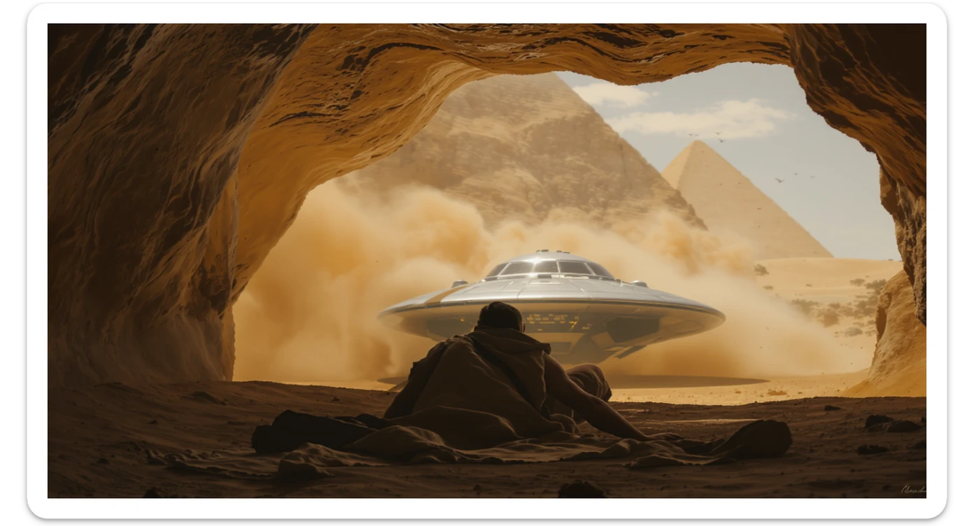 cinematic still, documentary photography, acient egypt, back shot of a man dress in ancient clothes in cave (frame in frame effect) on ground laying front of small ufo starship, sand flying around, palms, dynamic scane, leading lines, captured by arri alexa, depth layers, piramids in babckground sticker