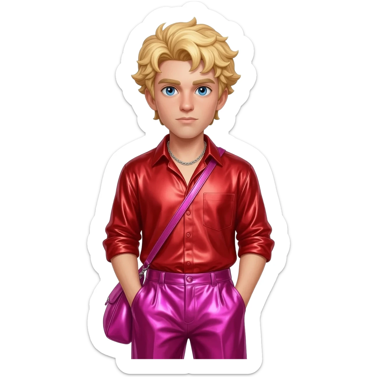 Eros from Greek Mythology with blue eyes, blonde hair, red metallic shirt, hot pink metallic baggy pants, silver necklace sticker