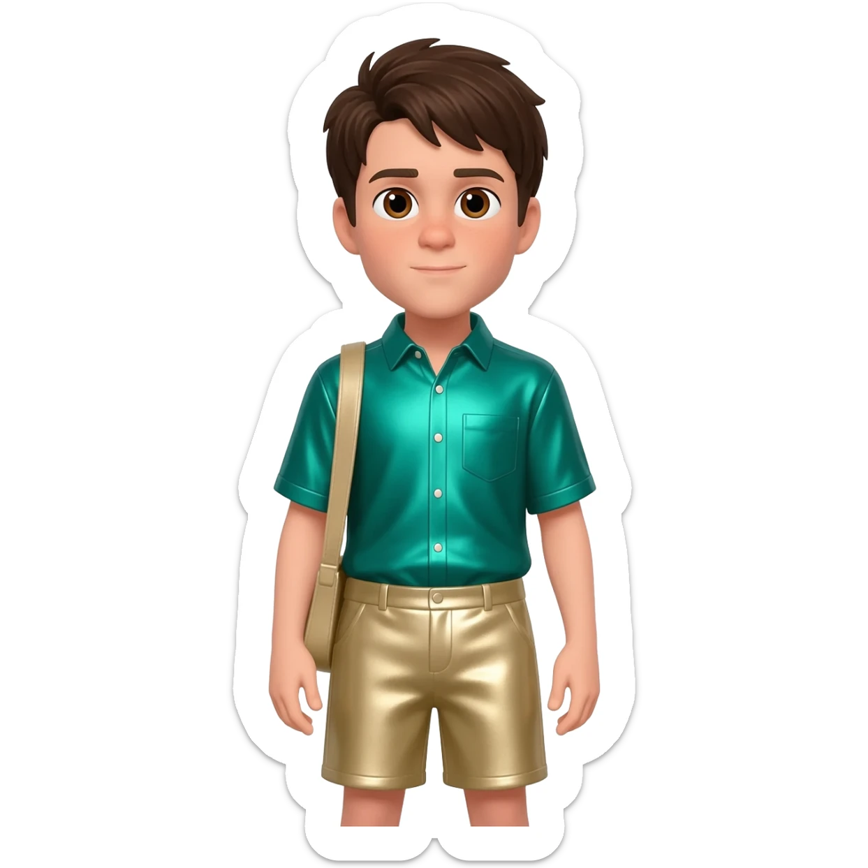 Chris Kratt with brown eyes, dark brown hair, green blue metallic shirt, beige metallic baggy shorts sticker