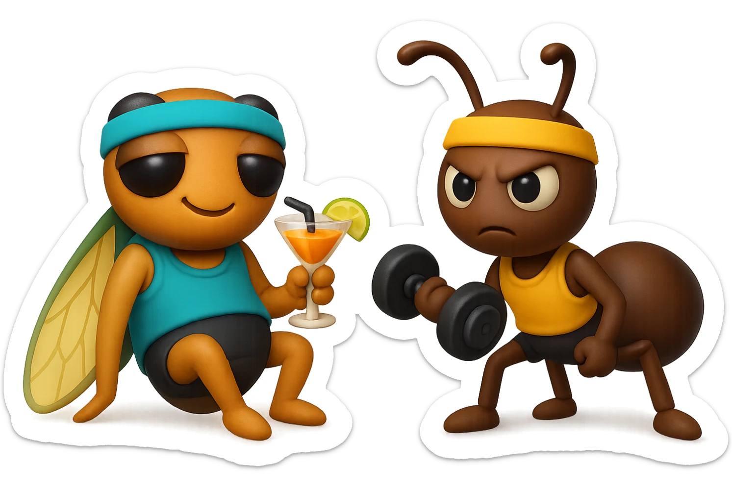 EMOJI STILE IPHONE 3D DI UNA CICALA E UNA FORMICA IN ABITI FITNESS, LA CICALA HA IN MANO UN COCKTAIL MENTRE LA FORMICA HA IN MANO UN MANUBRIO DA PALESTRA. L'IMMAGINE RAPPRESENTA IL FATTO CHE LA FORMICA VOGLIA IMPEGNARSI REALMENTE PER CAMBIARE IL SUO FISICO MENTRE LA CICALA SI VUOLE DIVERTIRE E NON CONCLUDE NULLA ALLA FINE sticker