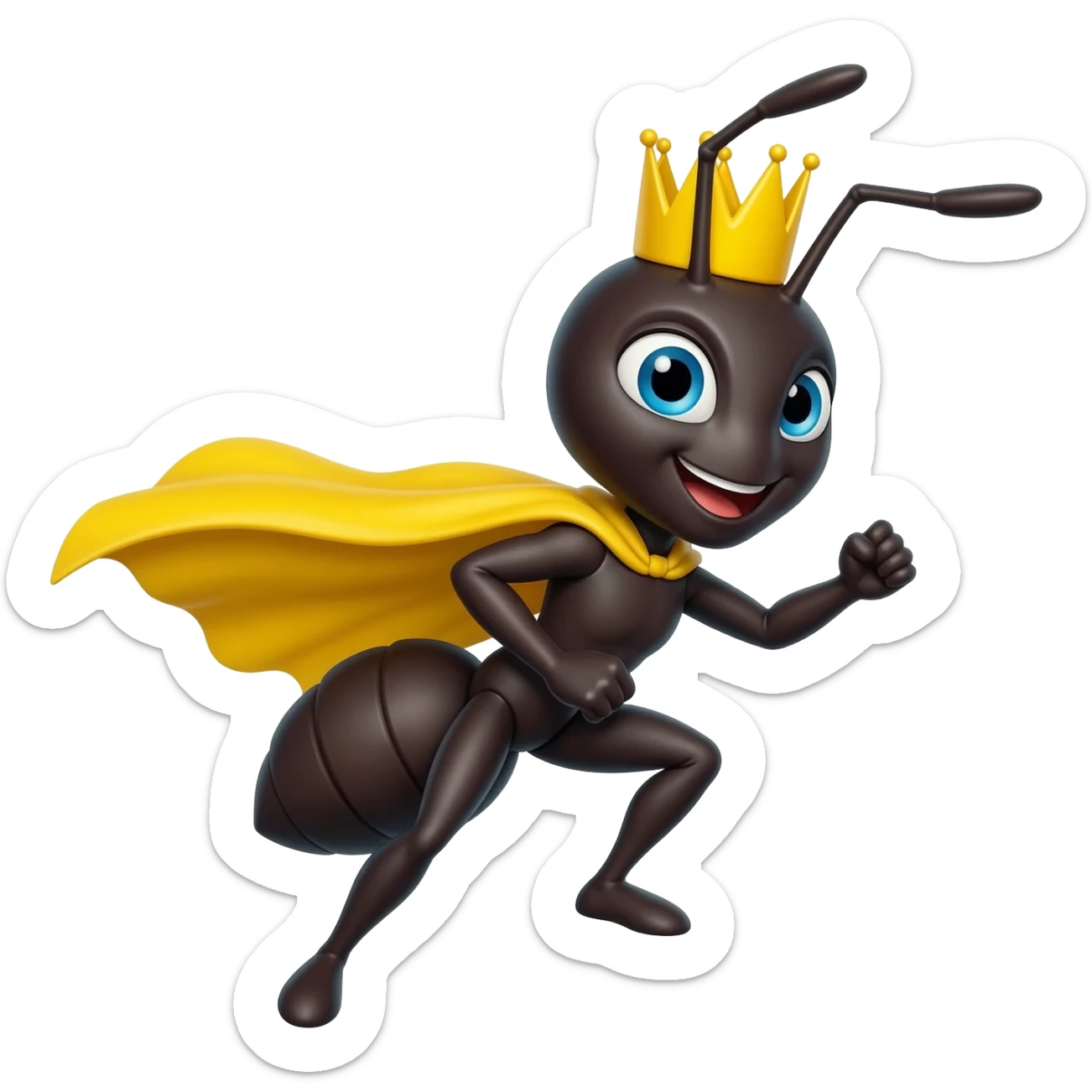 Ant with yellow crown doing superhero pose sticker