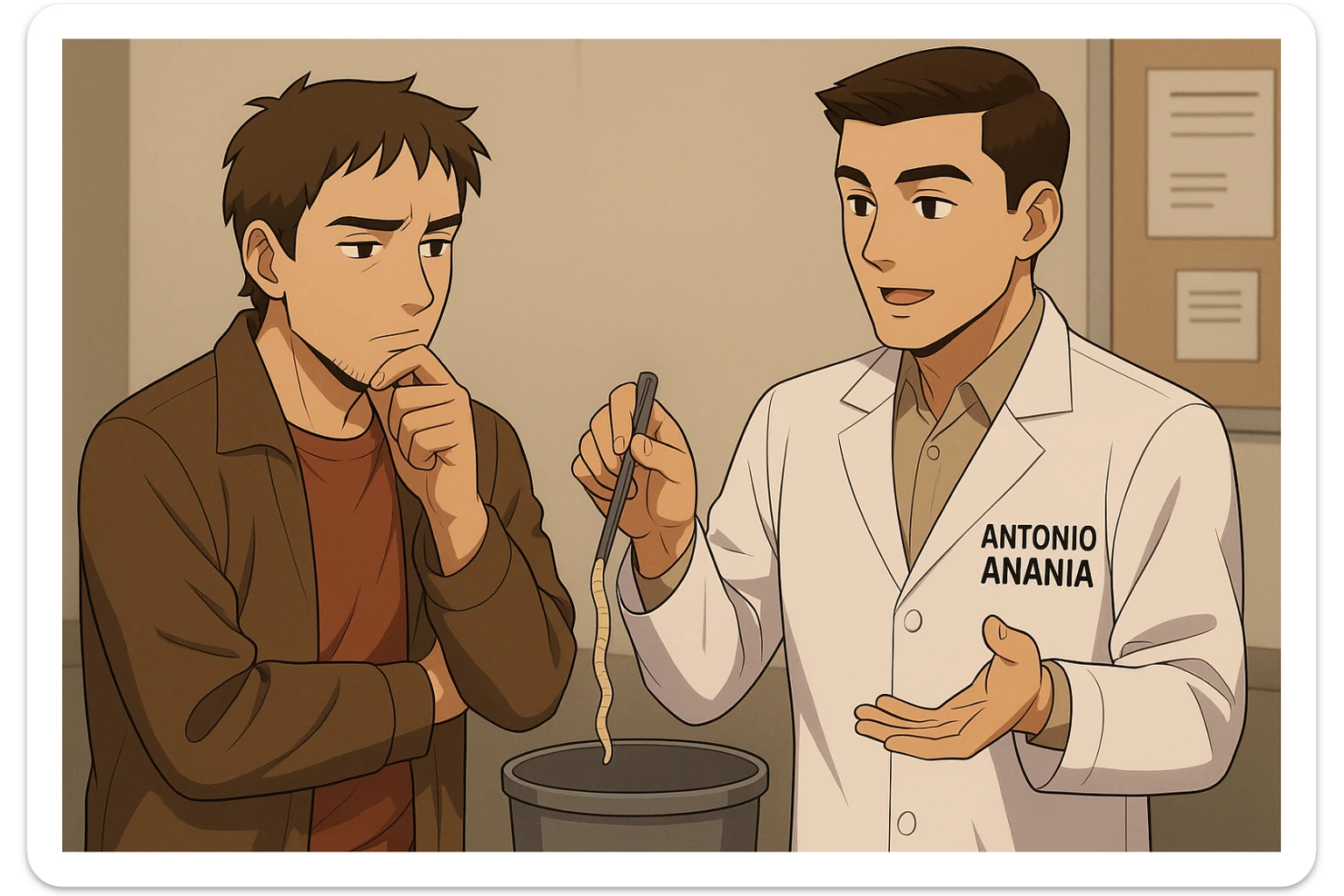 fai un webtoon manga a colori con questo stile, in cui un uomo ascolto il kinesiologo con il camice bianco (fagli anche la scritta "ANTONIO ANANIA" SUL CAMICE, il kinesiologo con il camice lascia cadere un verme lungo e beige chiaro nella spazzatura, IL KINESIOLOGO SPIEGA ALL'UOMO UNA cosa. L'UOMO ha un ESPRESSIONE pensierosa IN VOLTO mentre si tocca il mento con l'indice. non fare i fumetti però, fai solo in modo che sembri stiano parlando sticker