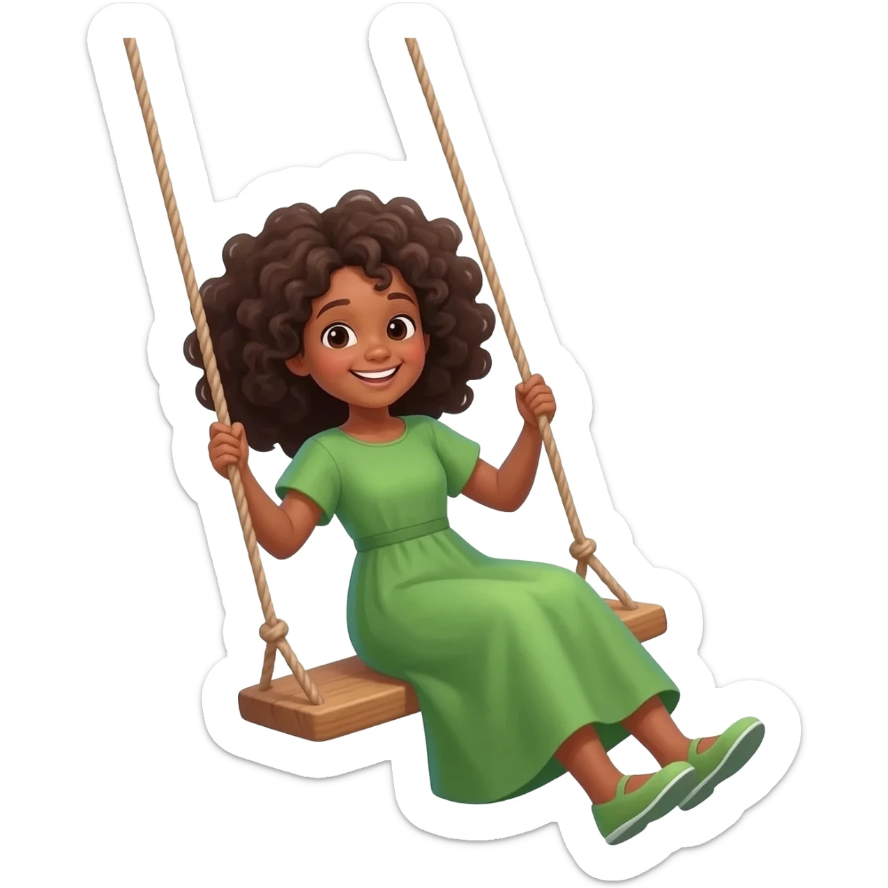 Une fille. Cheveux bouclé. Porte un robe verte. À adore faire un de balance. Toute la nuit sticker