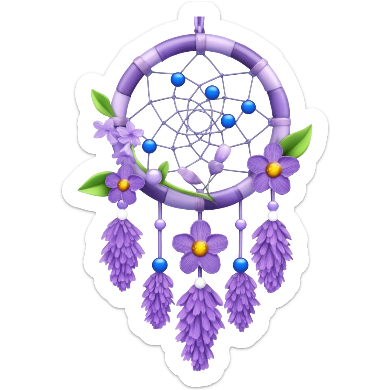Lavender lilac pastel purple dreamcatcher-suncatcher with lavender flowers and lilac flowers attached, blue beads, and white beads, green leaves sticker