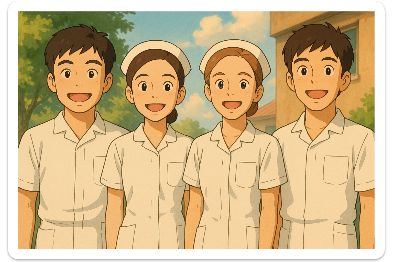 quatre étudiants infirmiers debout côte à côte, ambiance chaleureuse et conviviale, tenues blanches complètes à manches courtes, bras dégagés, sans stéthoscope, style Ghibli, traits inspirés des quatre visages des photos jointes, amical et lumineux sticker