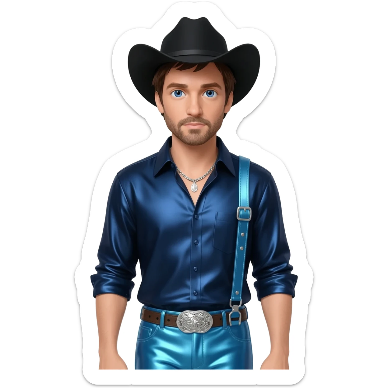Jake Gyllenhaal with blue eyes, dark brown hair, black cowboy hat, dark blue metallic shirt, periwinkle blue metallic baggy pants, silver necklace sticker