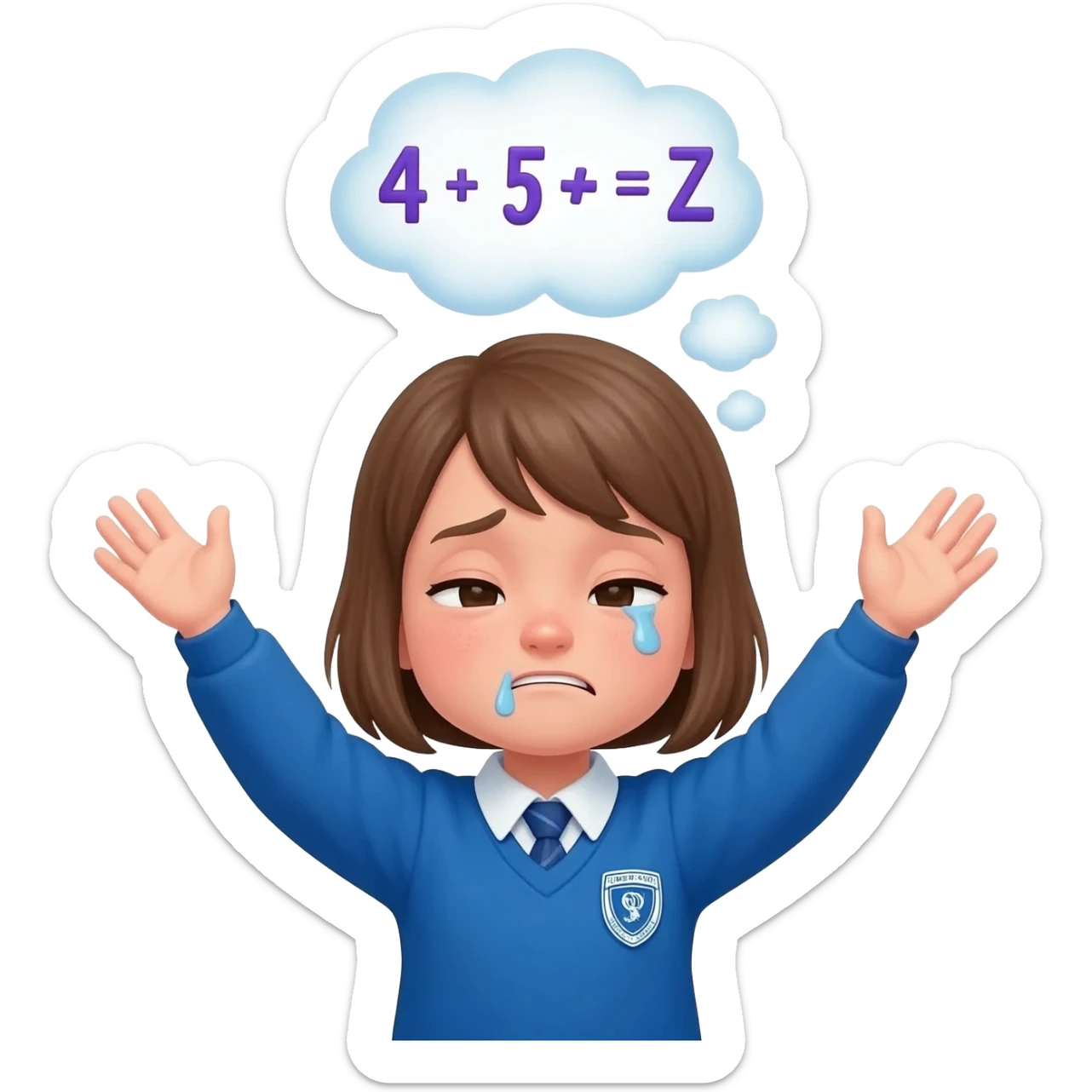 primary school girl looking sad thinking about Maths (thought bubble with maths symbols inside) wearing a blue uniform with a river primary school badge. Arms in the air big smile on face sticker