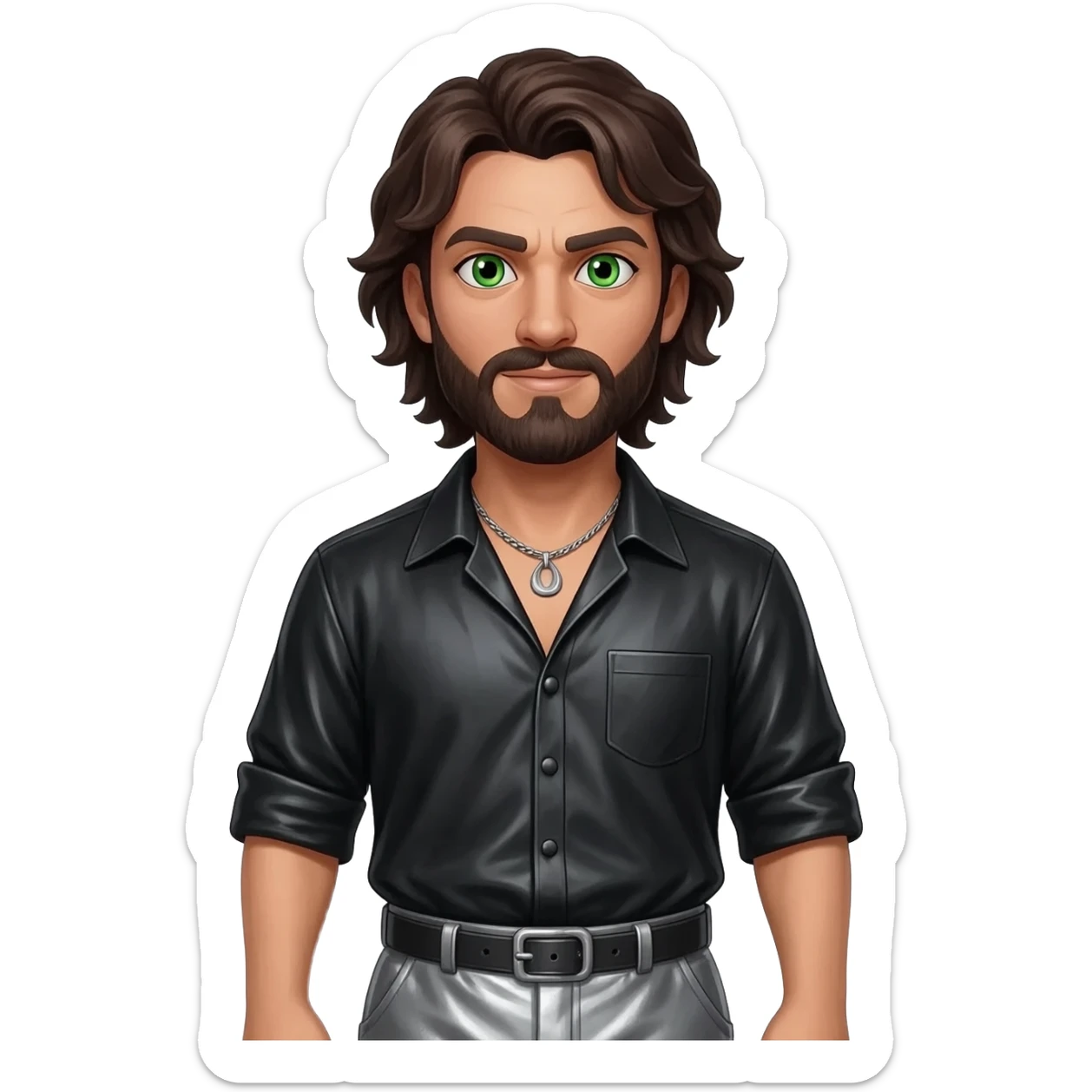 Iago from Othello with green eyes, dark brown hair, black metallic shirt, gray metallic baggy pants, silver necklace sticker