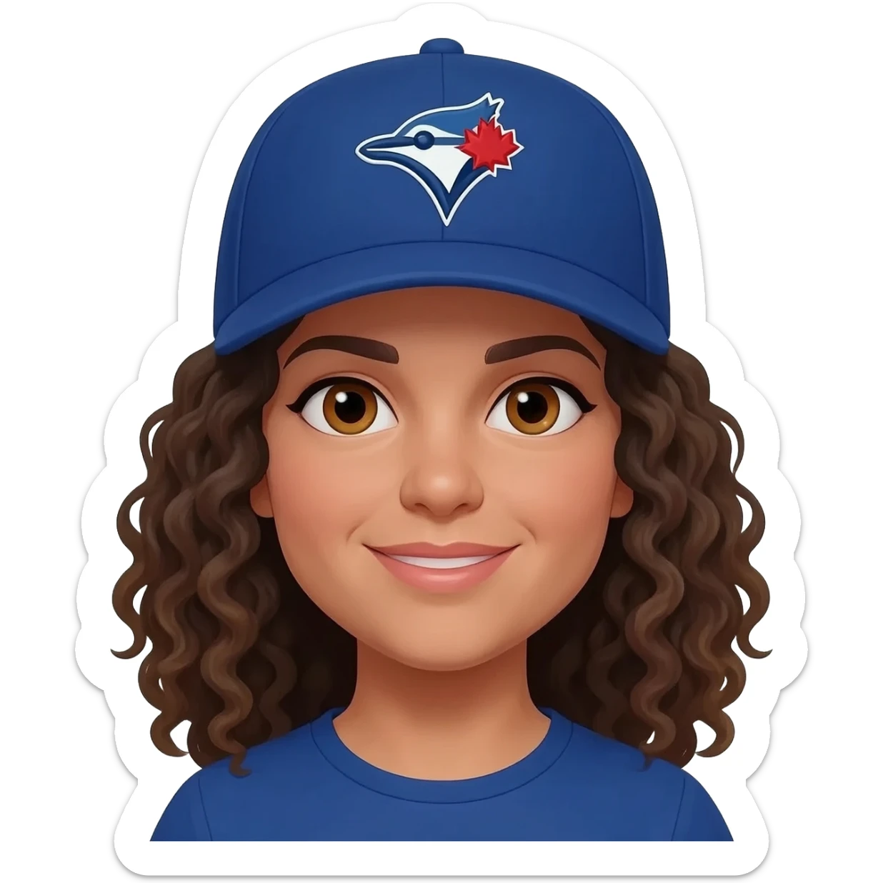 mid sized woman with curly hair and hazel eyes wearing a toronto blue jays hat sticker