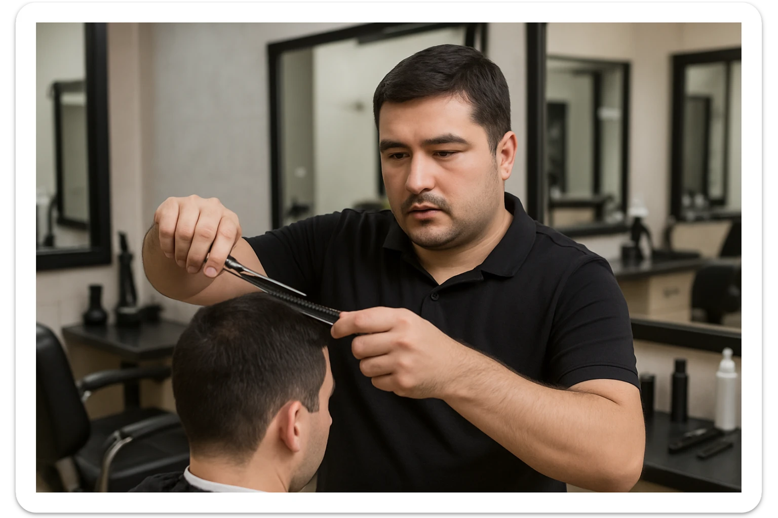 shu odamni sartaroshxonada mijozlarni sochini olayotganin  tasvirlab ber juda yosh ham katta ham bo'lmasin semiz ham bo'lib ketmasin sticker