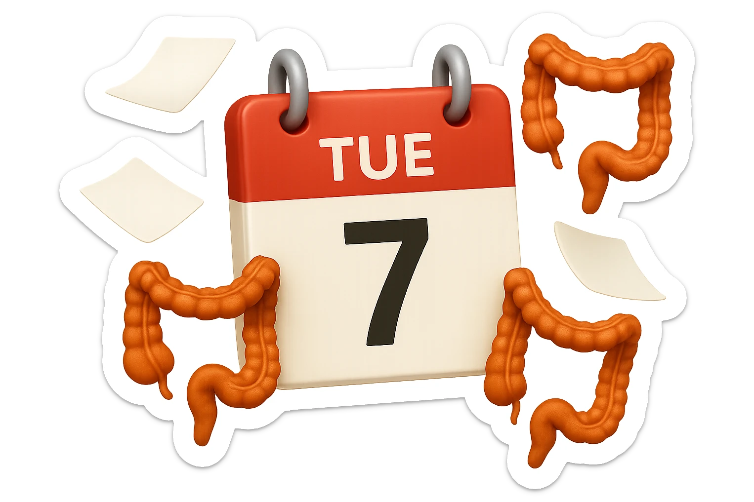 emoji stile iphone di un calendario con fogli che volano insieme a pezzi anatomici di colon umano, iperrealistico 4k, isolato su sfondo bianco sticker