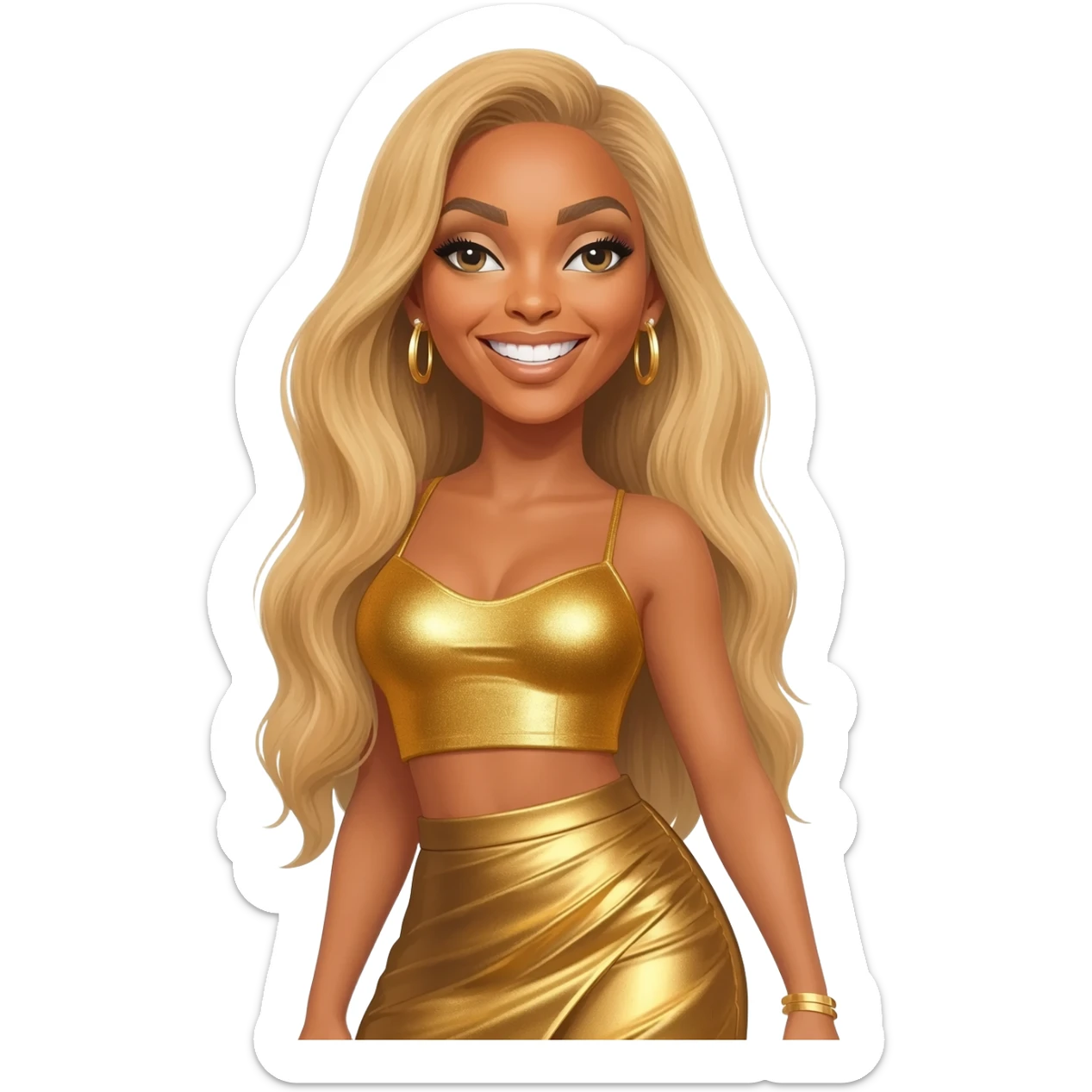 Beyonce with long blonde hair, gold metallic crop top, gold metallic skirt, gold earrings sticker