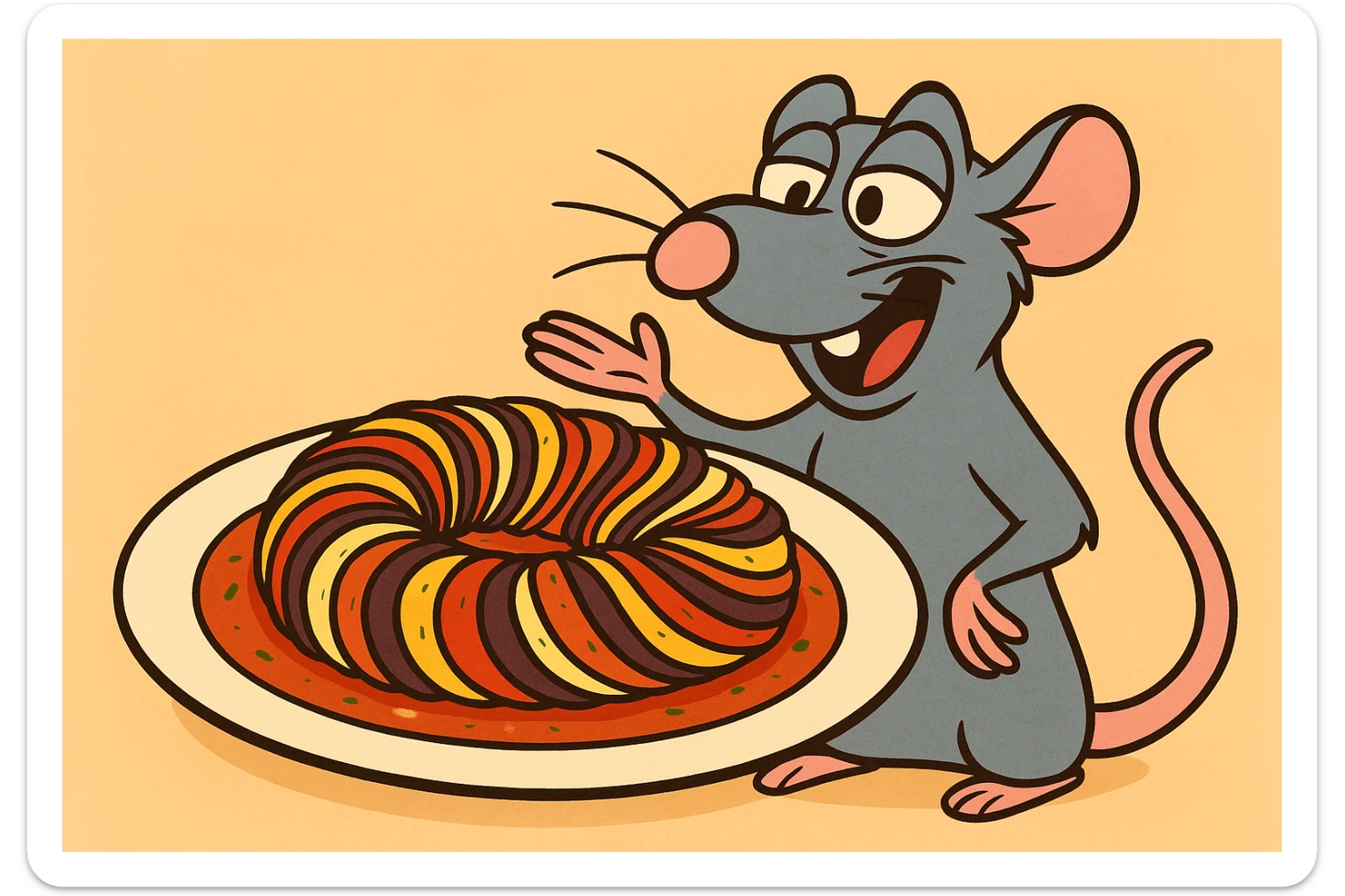 ratatouille food, stylized cartoon, sliced vegetables arranged in a spiral, bright colors, playful look sticker