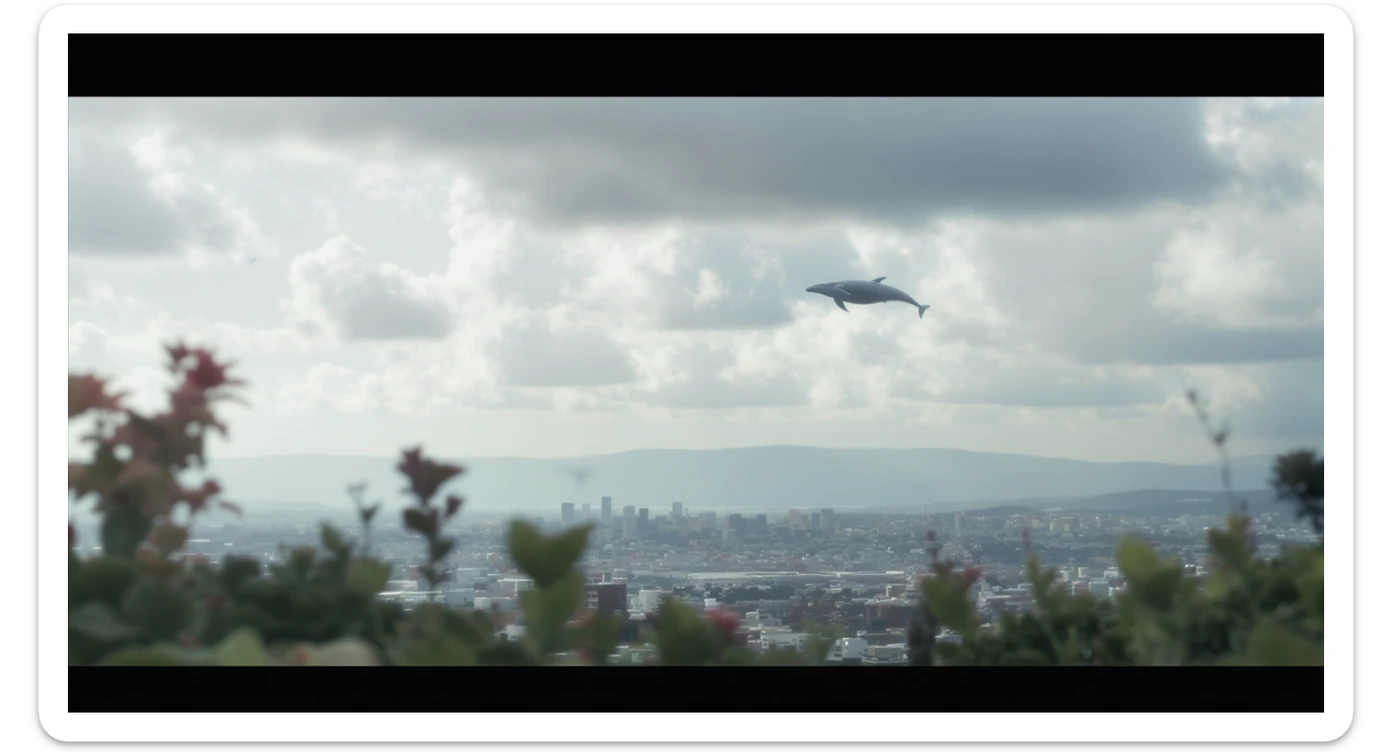 A cinemaatic still of a city, blurred plants in the foreground, whales fly above city sky, rolling hills in the background, cinematic depth of field, layered composition, natural lighting sticker