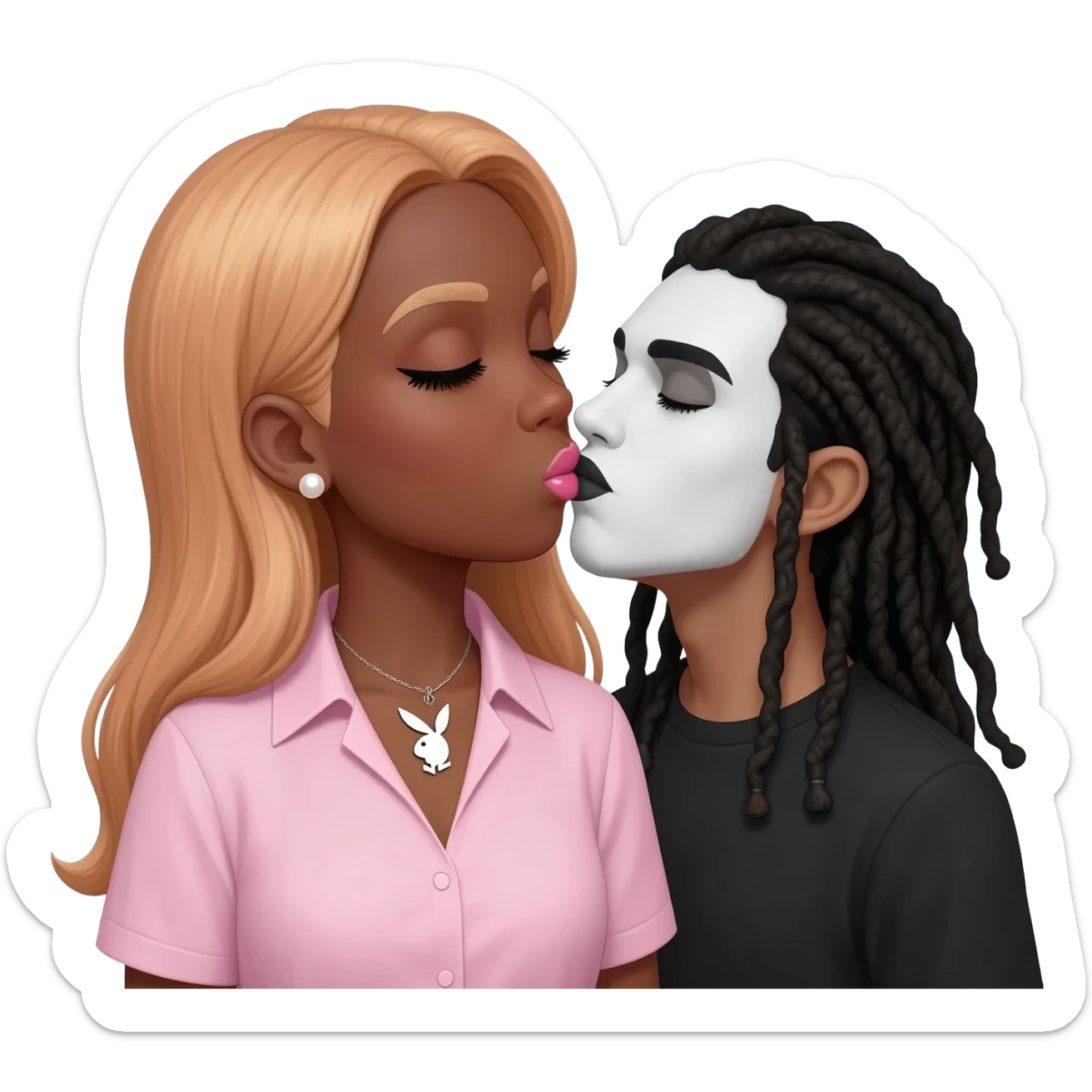 Bimbo, pearl earrings stud, Light pink cute lips, long middle part with long light ginger hair, dark brown skin, playboy necklace with lashes, light pink shirt, kissing the goth black girl and guy with dreadlocks with white paint on face sticker